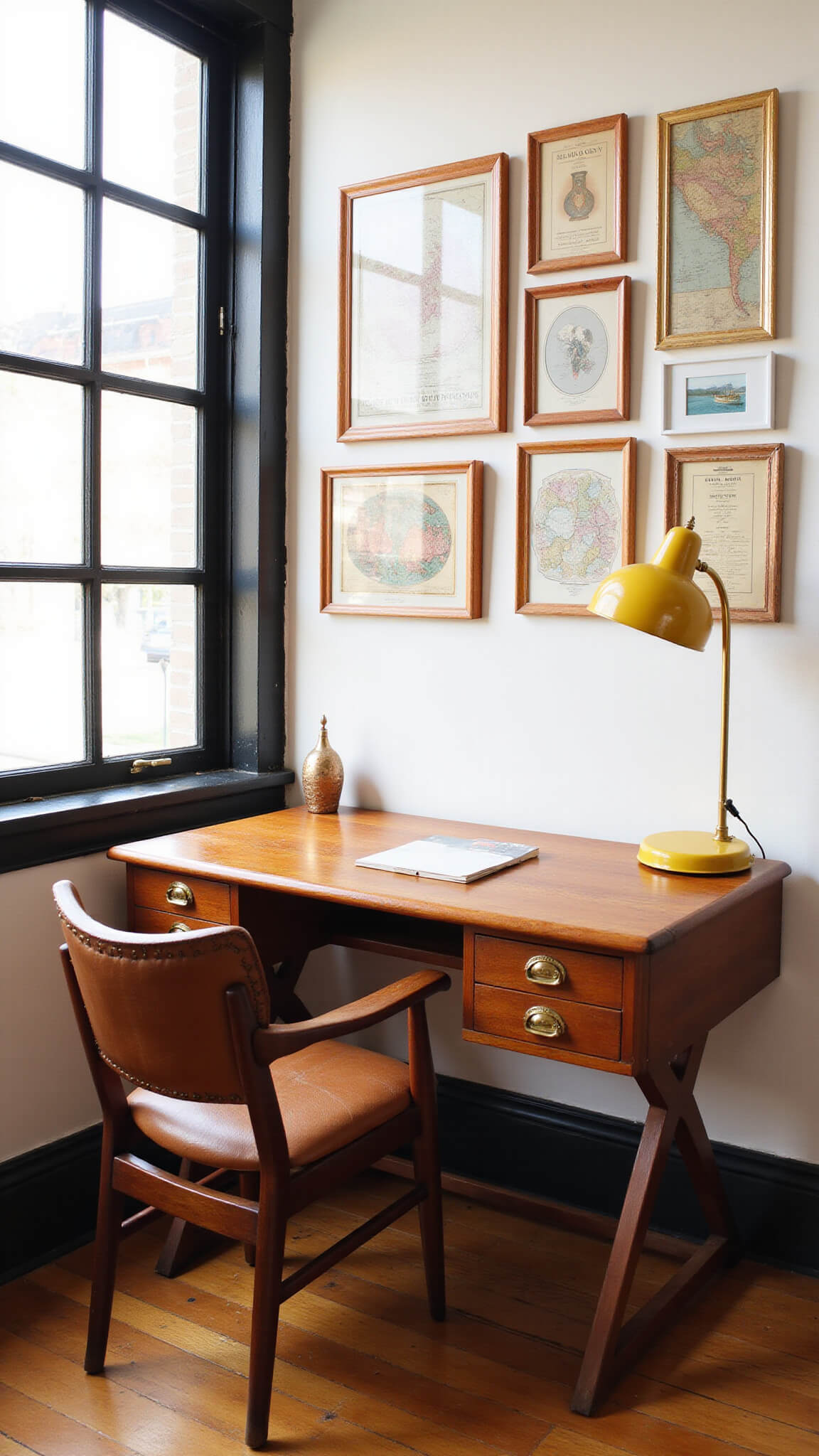 Compact home office nook with teak mid-century desk, vintage maps, mustard task lamp, and antique leather chair in warm wood tones.