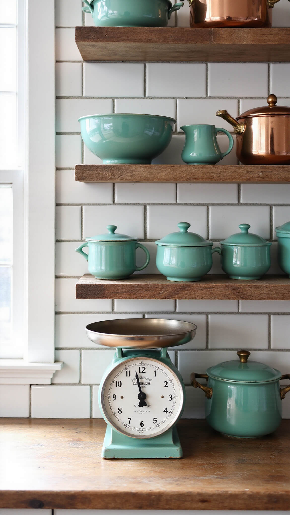 Close-up of open kitchen shelving with jadite glassware, copper cookware, and vintage mint green scale against white subway tile backsplash.
