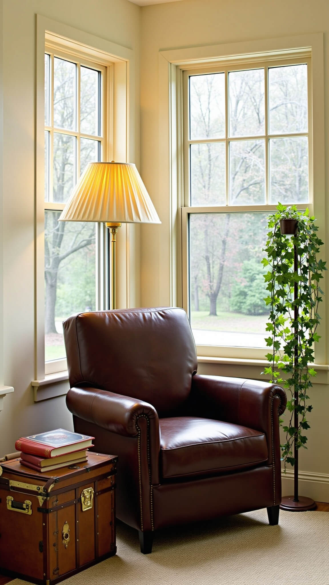 Cozy bay window reading nook with 1940s leather club chair, brass floor lamp, vintage trunk side table, leather-bound books, and trailing ivy plant.
