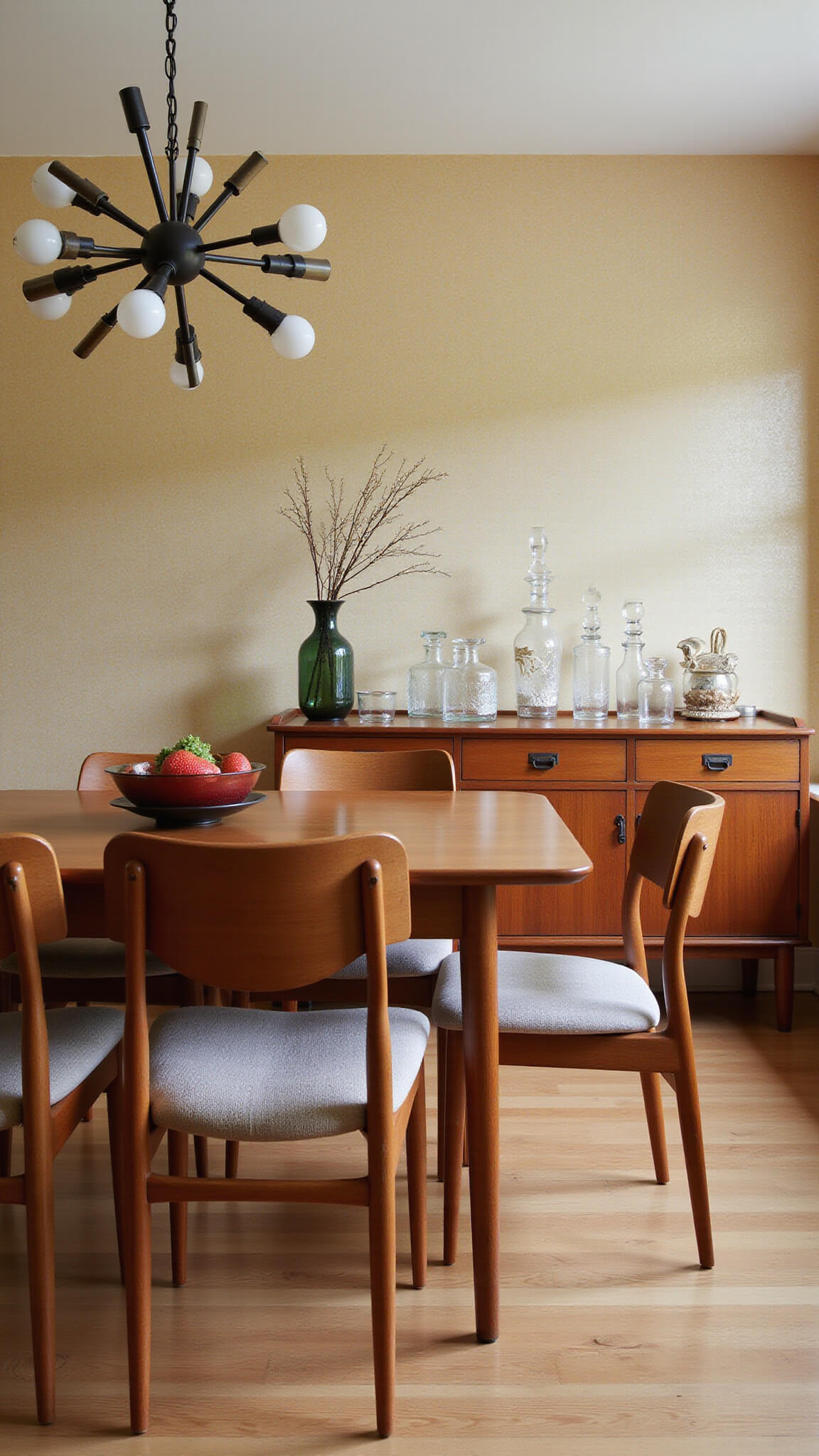 Mid-century modern dining room at twilight with teak table, vintage sputnik chandelier, mix of 1960s chairs, styled sideboard, and warm geometric wallpaper in soft focus.