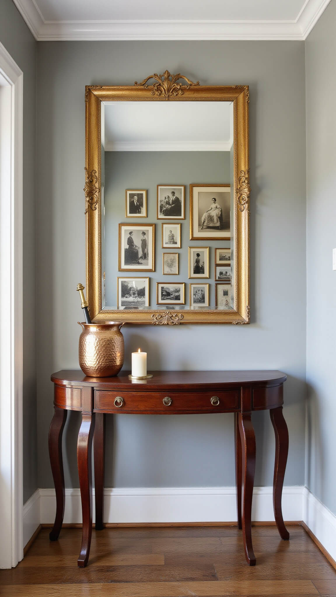 Art deco console beneath gilt mirror with vintage photo gallery and copper umbrella stand in morning light.