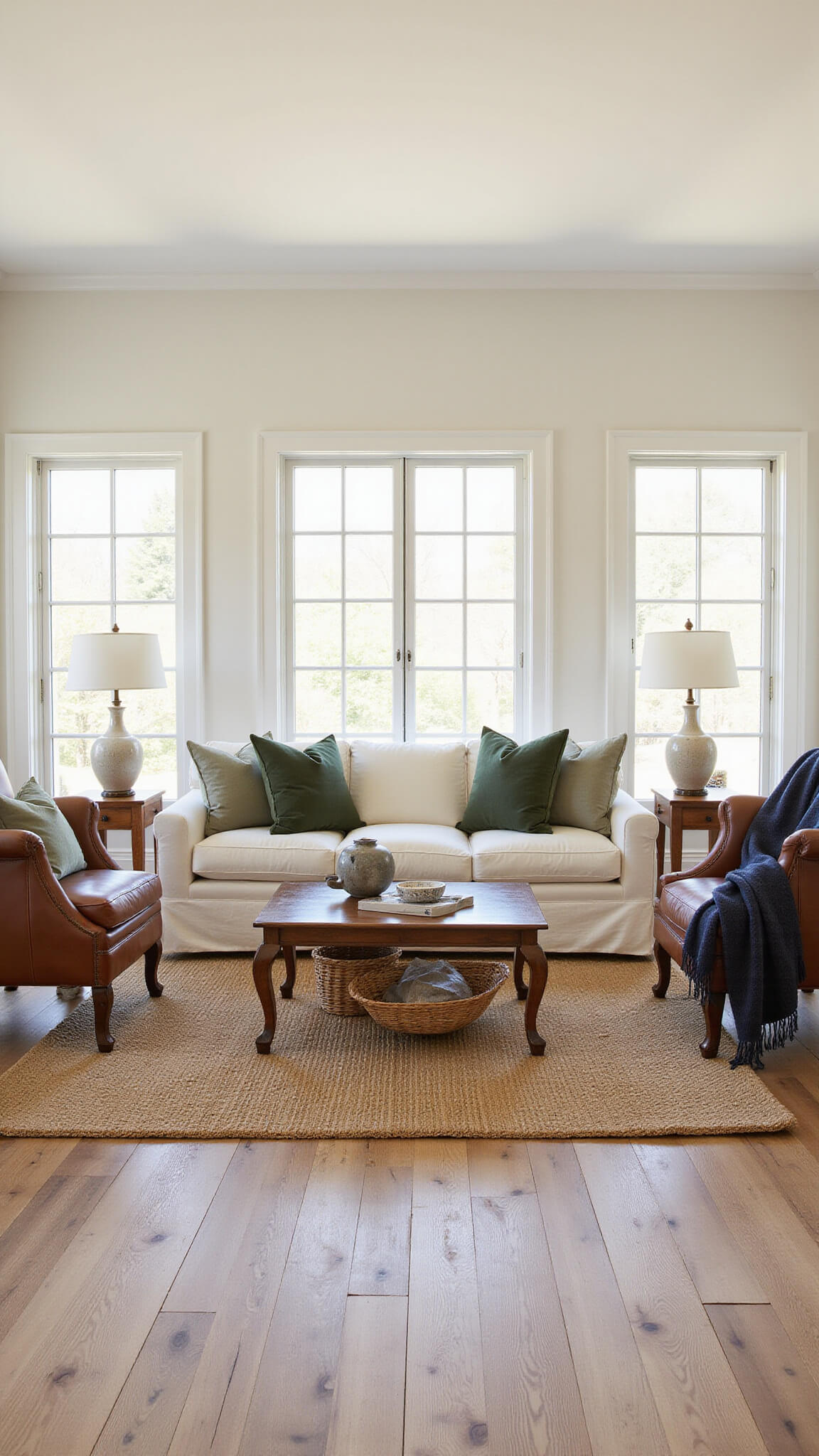 Elegant 20x24ft living room with ivory sofa, cognac leather chairs, vintage coffee table, and natural textures, bathed in warm light from floor-to-ceiling windows.