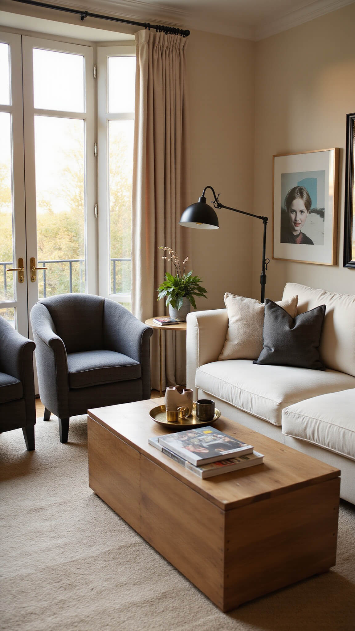 Golden hour light fills a cozy 15x18ft living room with a cream sectional, charcoal bouclé chairs, oak coffee table, and mixed metal accents, styled with vintage art and modern ceramics.