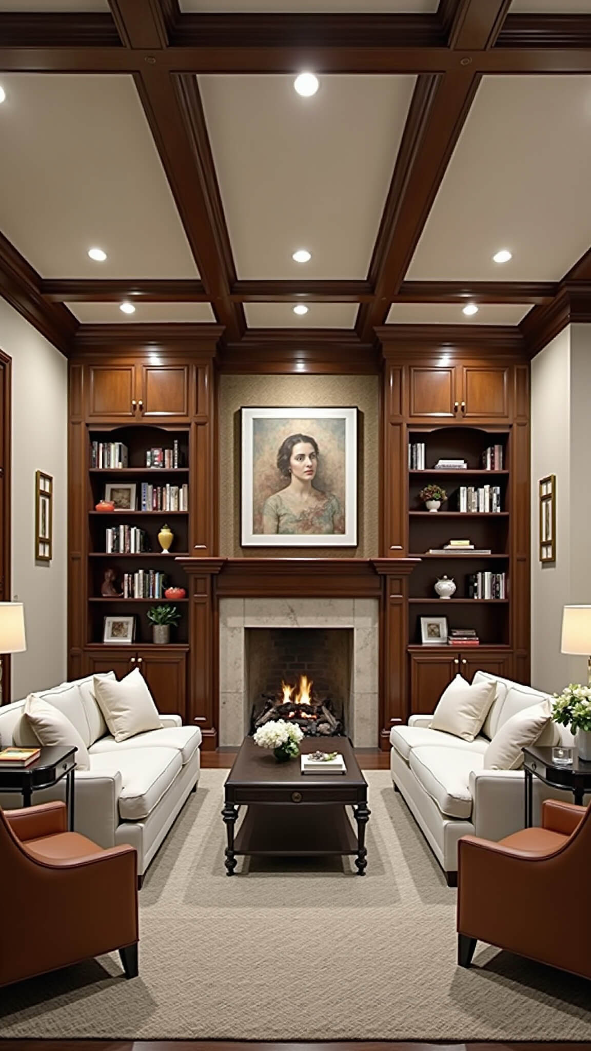 Elegant living room with tray ceiling, ivory sofa, leather chairs, limestone fireplace, walnut bookshelves, and ambient lighting at dusk.