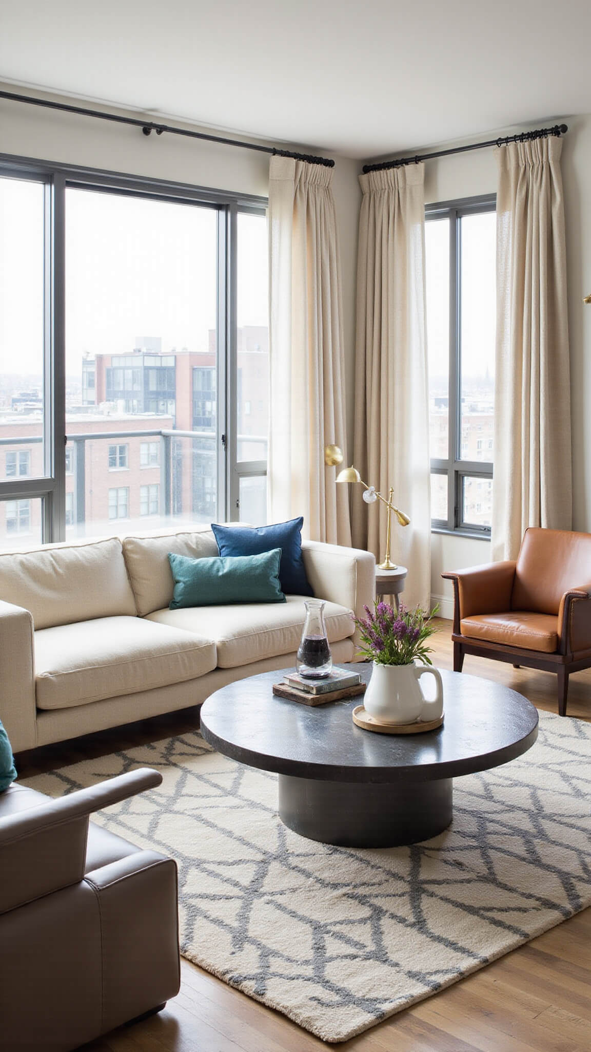 Contemporary 16x20ft living room with floor-to-ceiling windows, cream bouclé sofa, mid-century leather chairs, geometric rug, and mix of steel, brass, and stone accents in morning light.