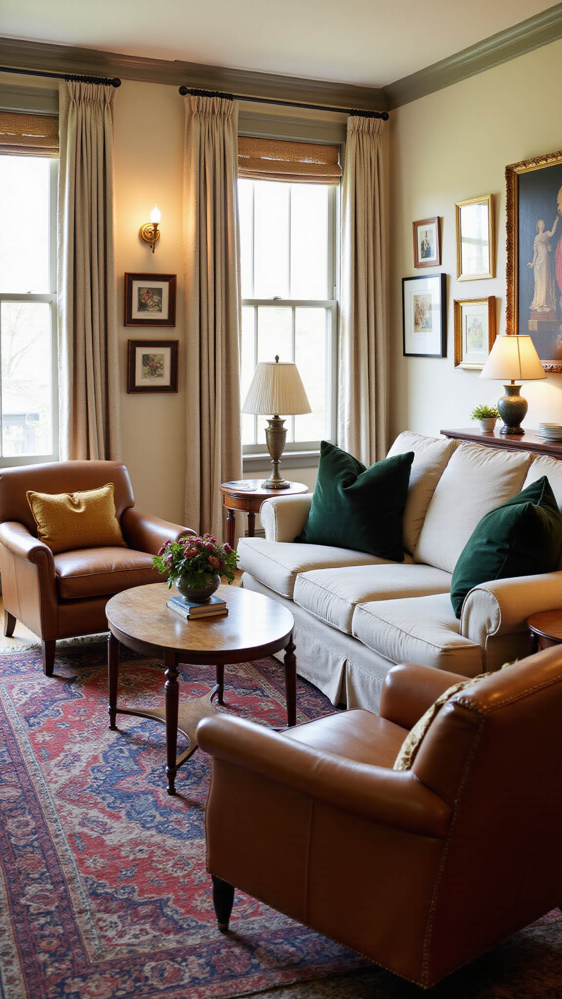 Twilight-lit cozy 14x16ft living room with English roll-arm sofa, vintage leather chairs, Persian rug, Belgian linen drapes, and layered antique lighting.