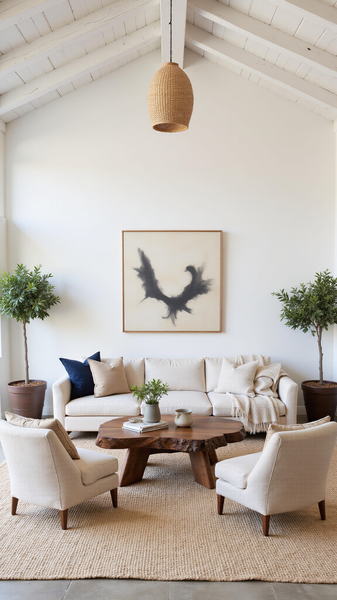 Airy 20x25ft great room with whitewashed beams, limestone floors, natural fabric sectional, bouclé swivel chairs, live-edge walnut coffee table, woven pendants, potted olive trees, and layered textural accents in natural light.