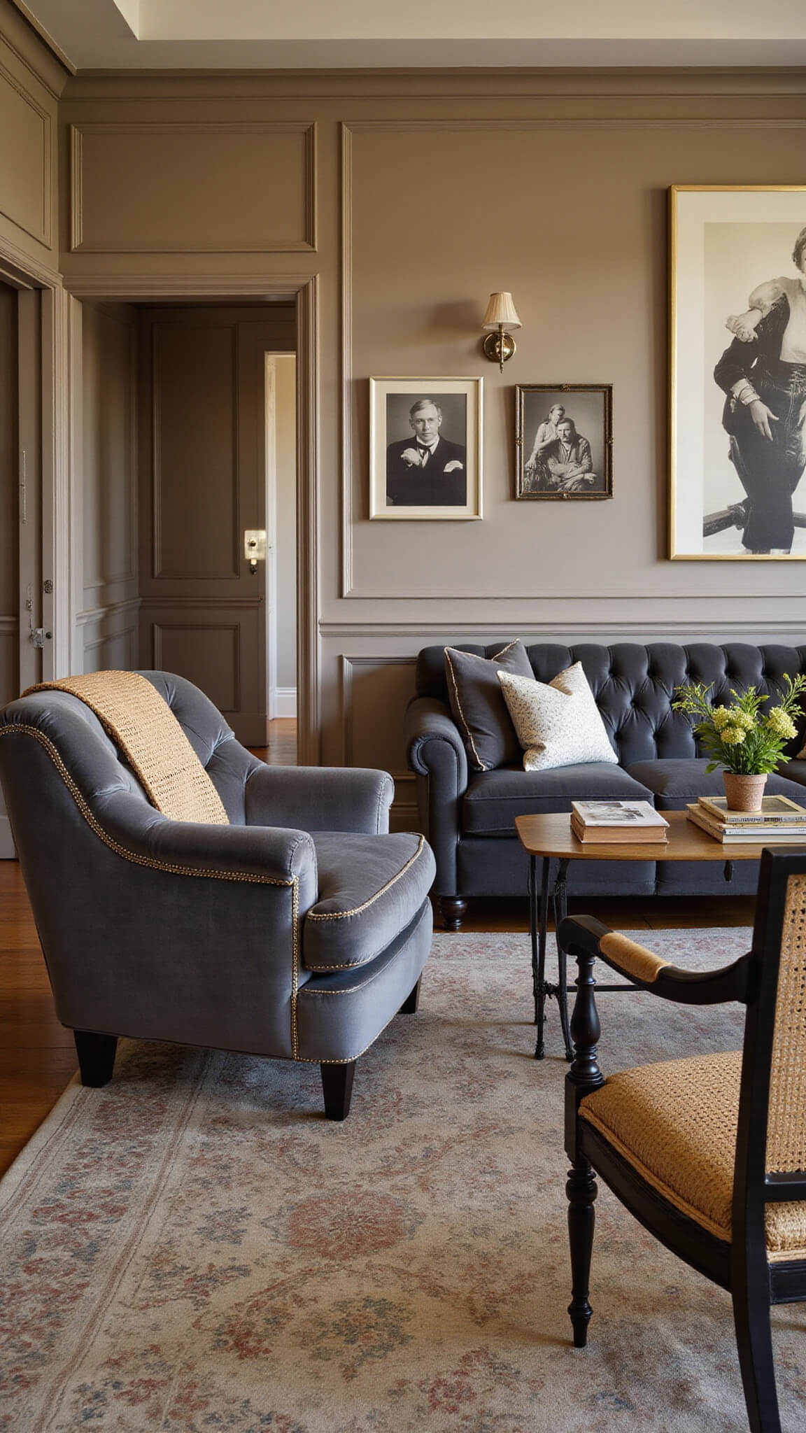 Elegant 18x20ft living room at sunset with greige paneled walls, slate velvet Chesterfield sofa, vintage cane chairs, antique brass and black iron accents, faded Persian rug, personal decor, and warm layered lighting.