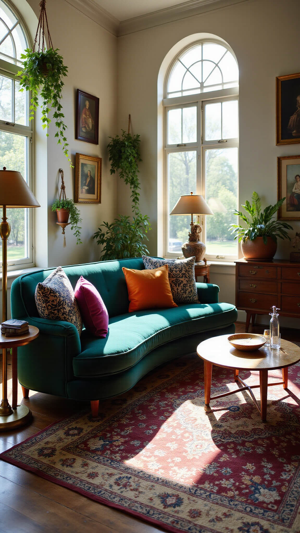 Cinematic photorealistic interior of a sunlit living room with emerald velvet sofa, Persian rug, arched windows, and eclectic decor in rich jewel tones.