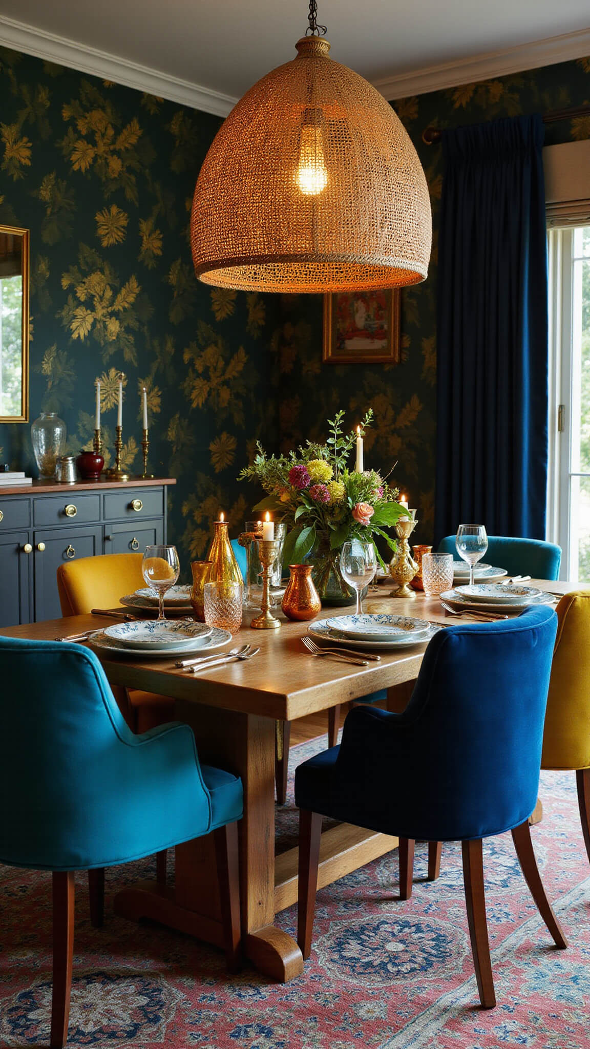 Luxurious dining room at dusk with rattan pendant light, reclaimed wood table, velvet chairs in peacock blue and mustard yellow, tropical green and gold wallpaper, vintage candlesticks, and patterned Indian textiles.