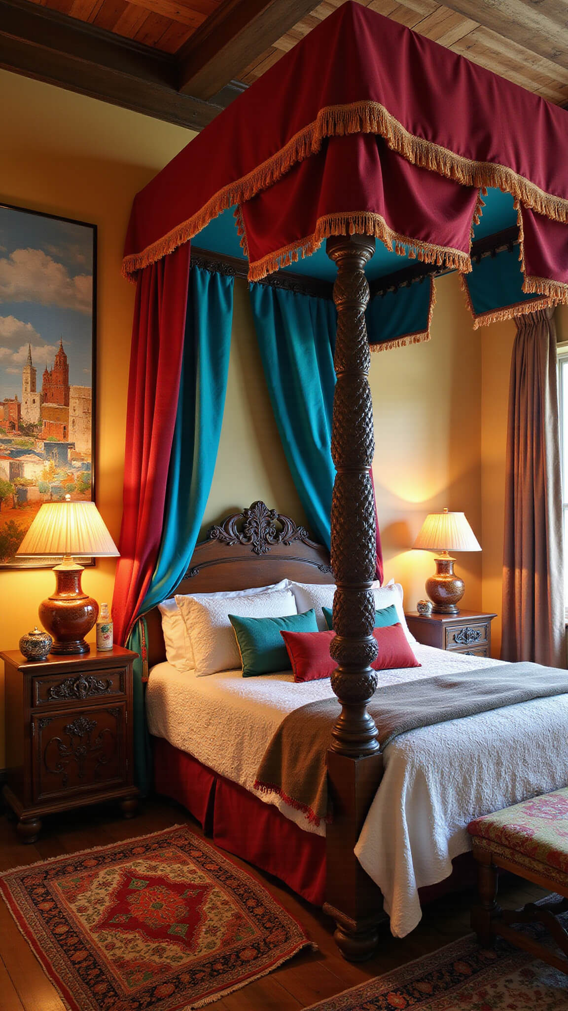 Bohemian luxury bedroom corner with canopy bed draped in vintage sari fabrics, Moroccan tables, abstract painting, layered kilim rugs, and warm blue hour lighting.