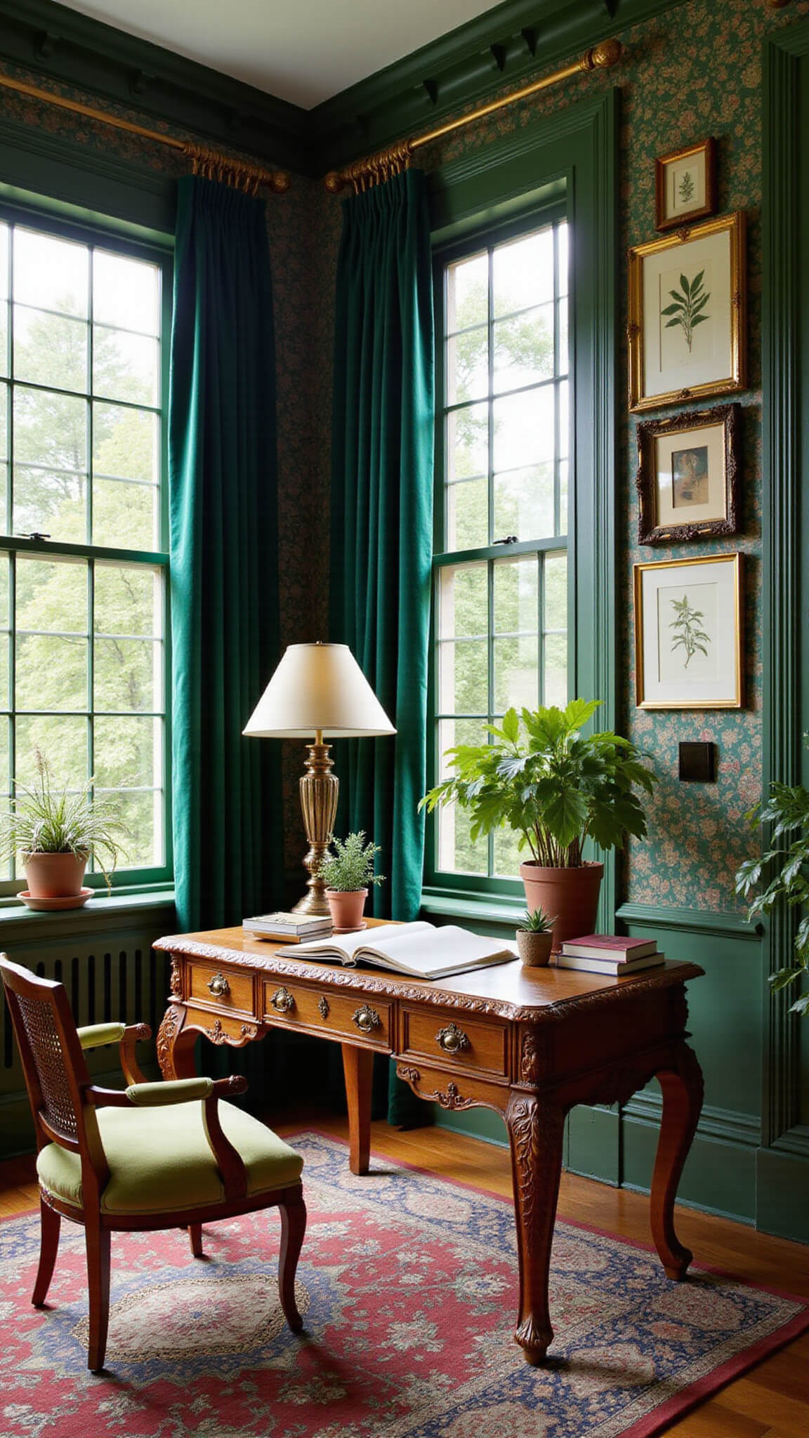 Artist’s sunlit 12x14ft home office with carved wooden desk, floor-to-ceiling windows, emerald velvet curtains, gallery walls of botanical prints, vintage decor, Persian rug, and abundant plants.