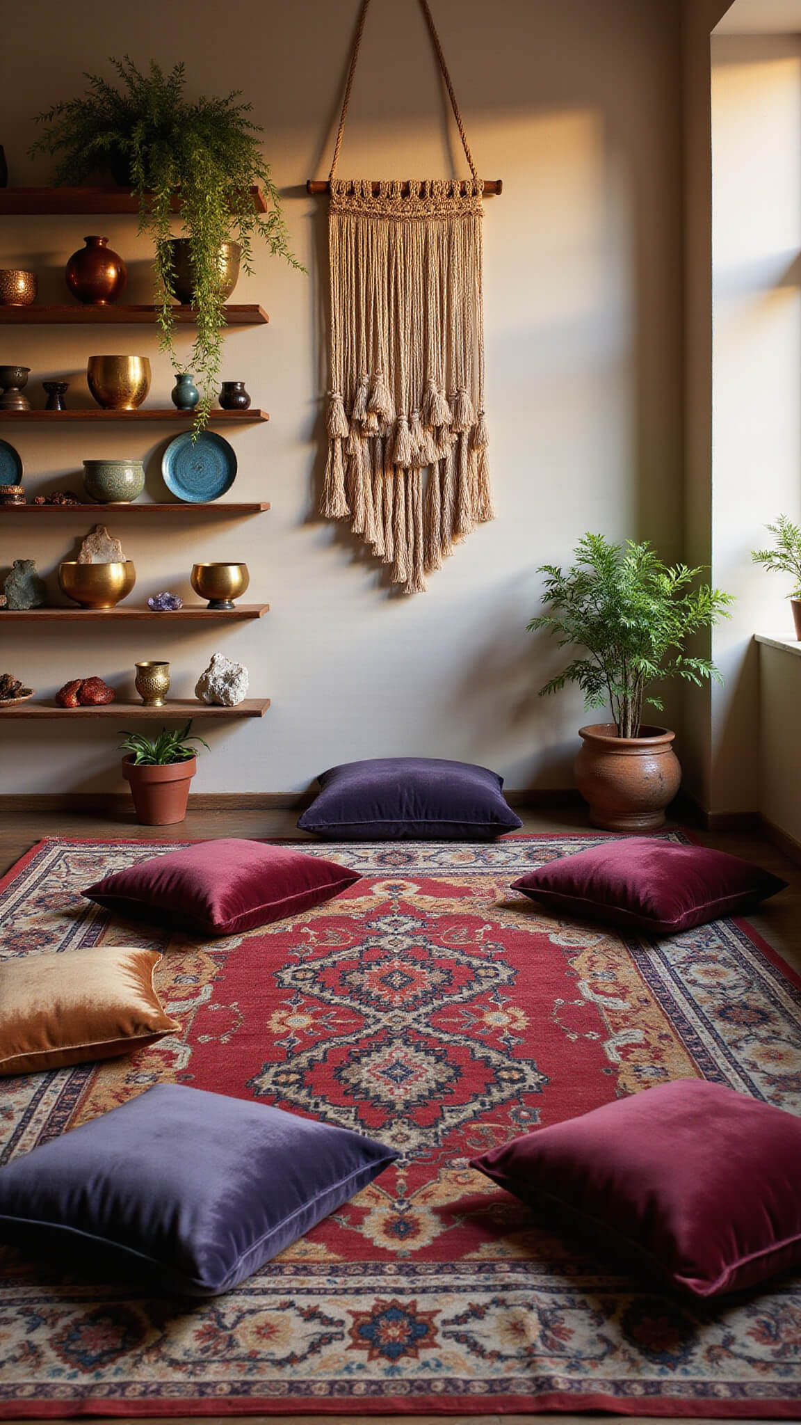 Intimate sunrise meditation space with velvet floor cushions on a Moroccan rug, surrounded by artifact-filled shelves, hanging textiles, copper bowls, and trailing plants.