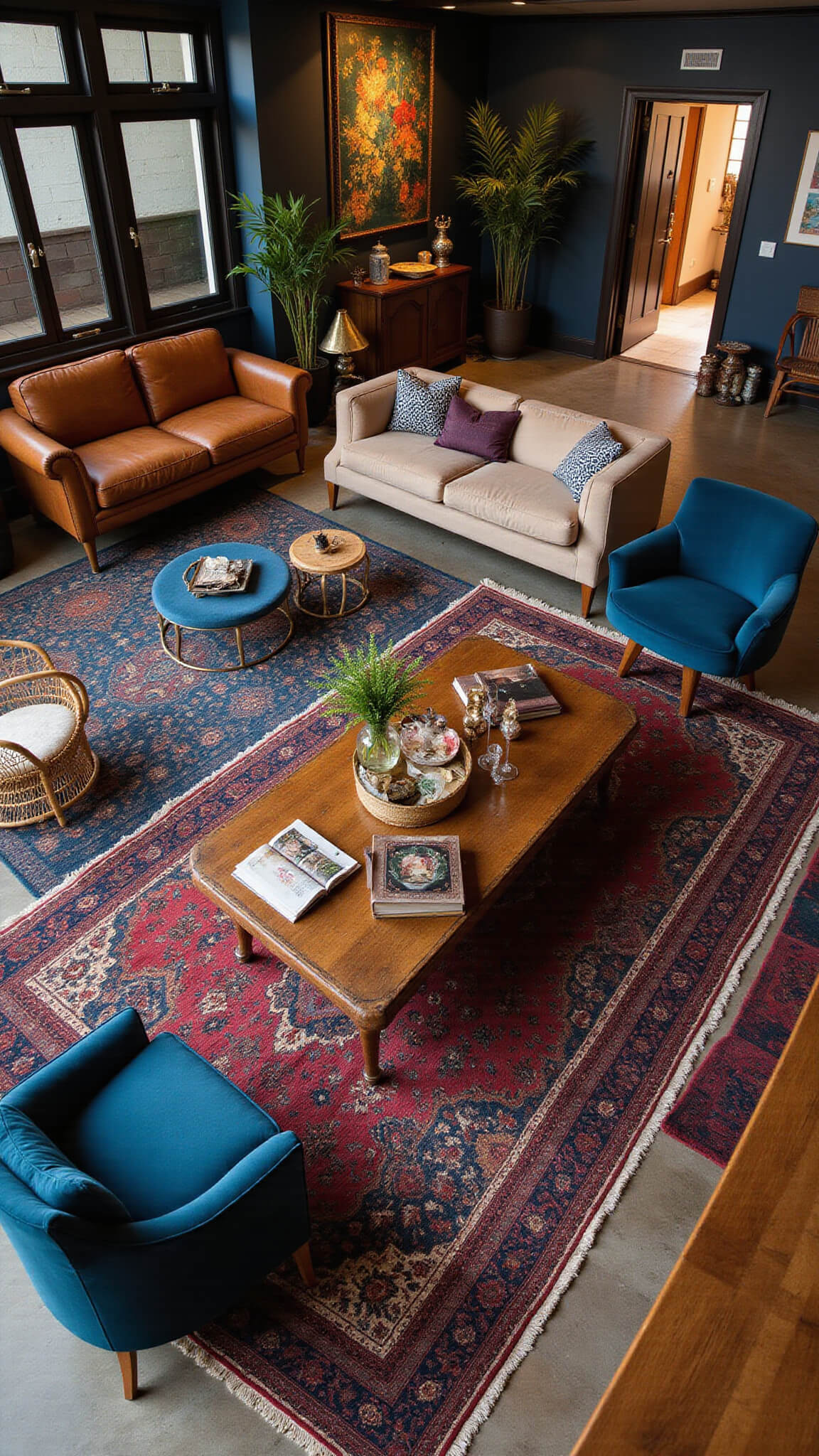 Luxury bohemian living space at twilight with carved wood coffee table, layered vintage rugs, mixed seating, and global decor, viewed from above.