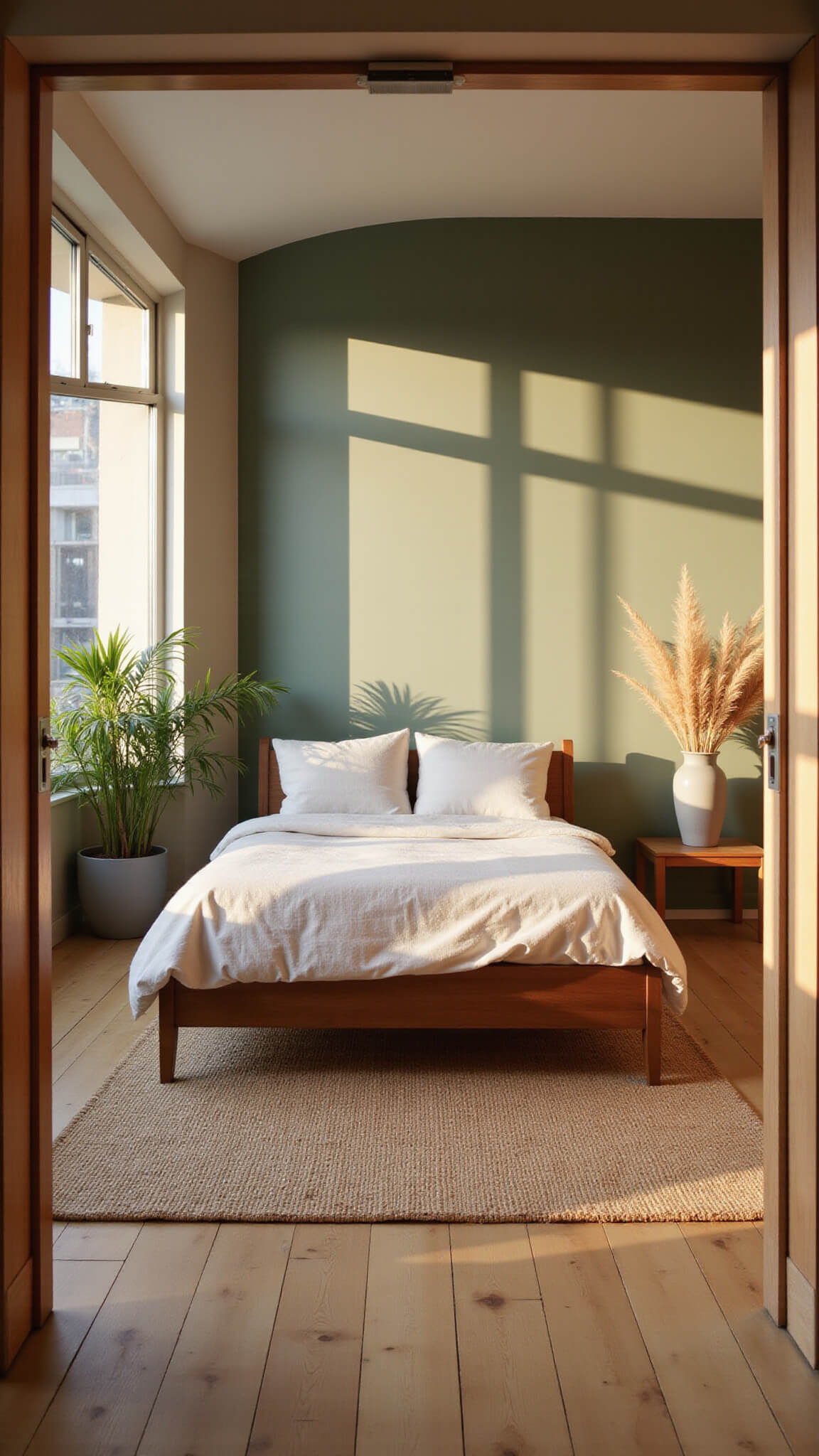 Sunlit 14x16ft bedroom with low walnut bed, ivory linens, sage accent wall, jute rug on oak floor, and plants near floor-to-ceiling windows.