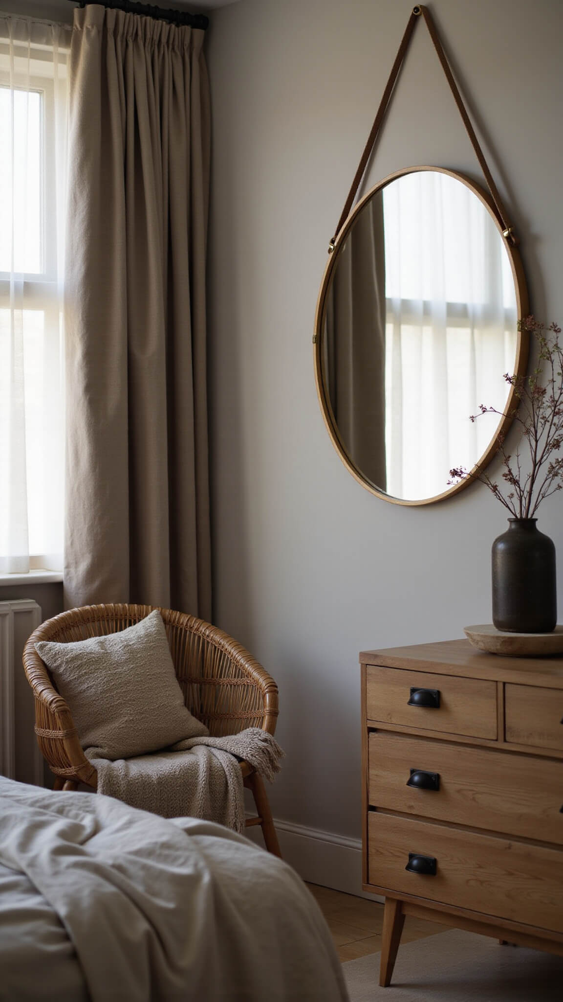 Modern bedroom corner at dawn with linen curtains, rattan chair with knit throw, oak dresser, and brass-framed mirror reflecting soft light.