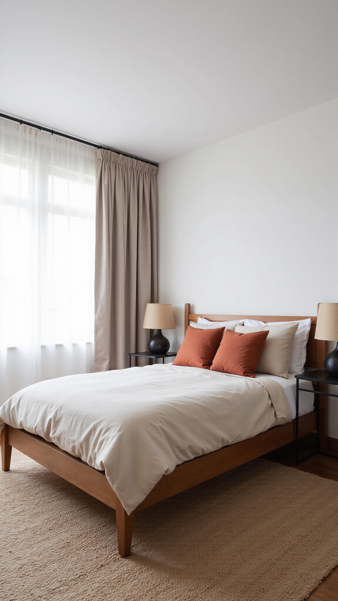 Sunlit minimalist bedroom with timber platform bed, sand-toned linen bedding, terracotta pillows, black metal side tables, and ceramic lamps with natural fiber shades.