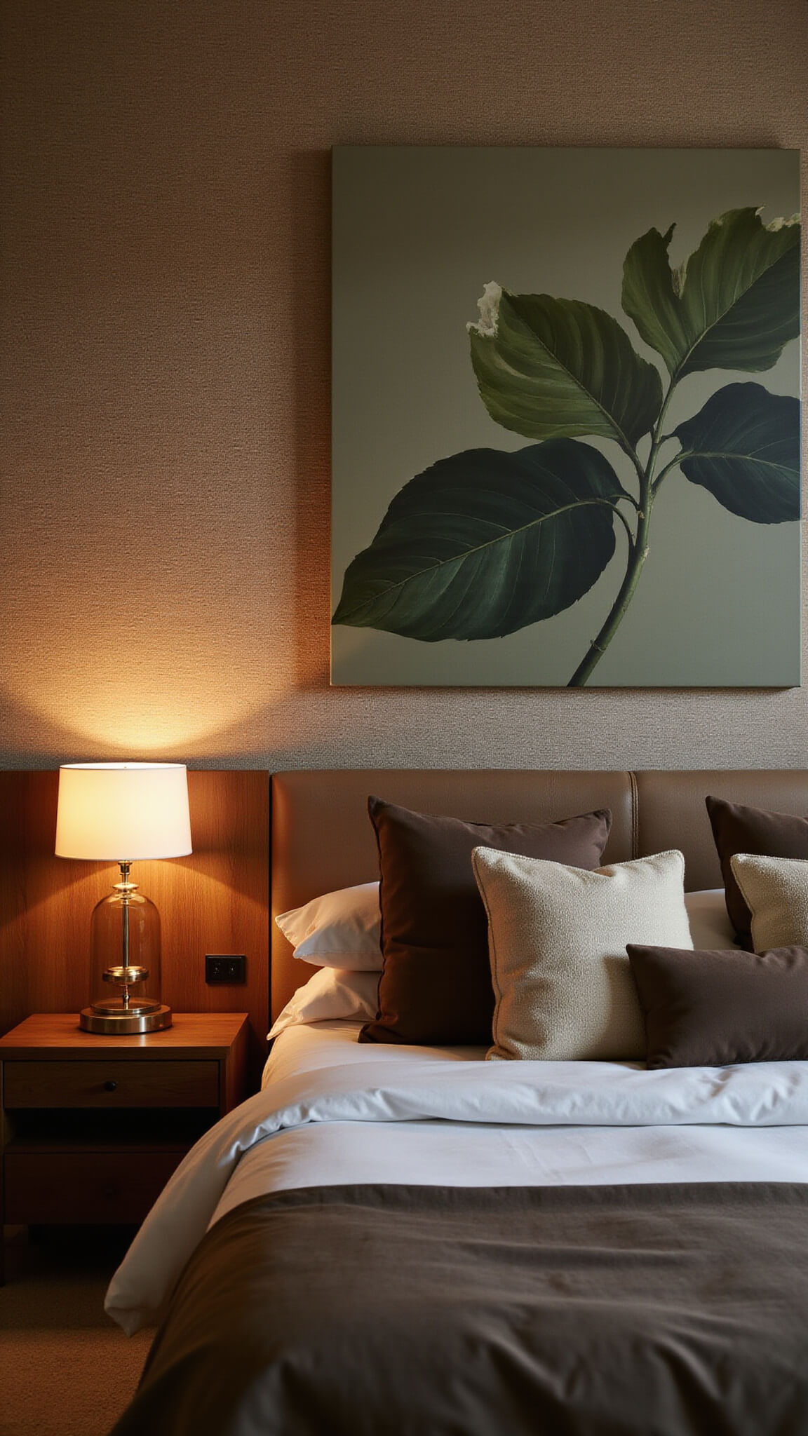Modern bedroom at dusk with warm LED lighting, earth-toned bedding, and abstract botanical art above the bed.