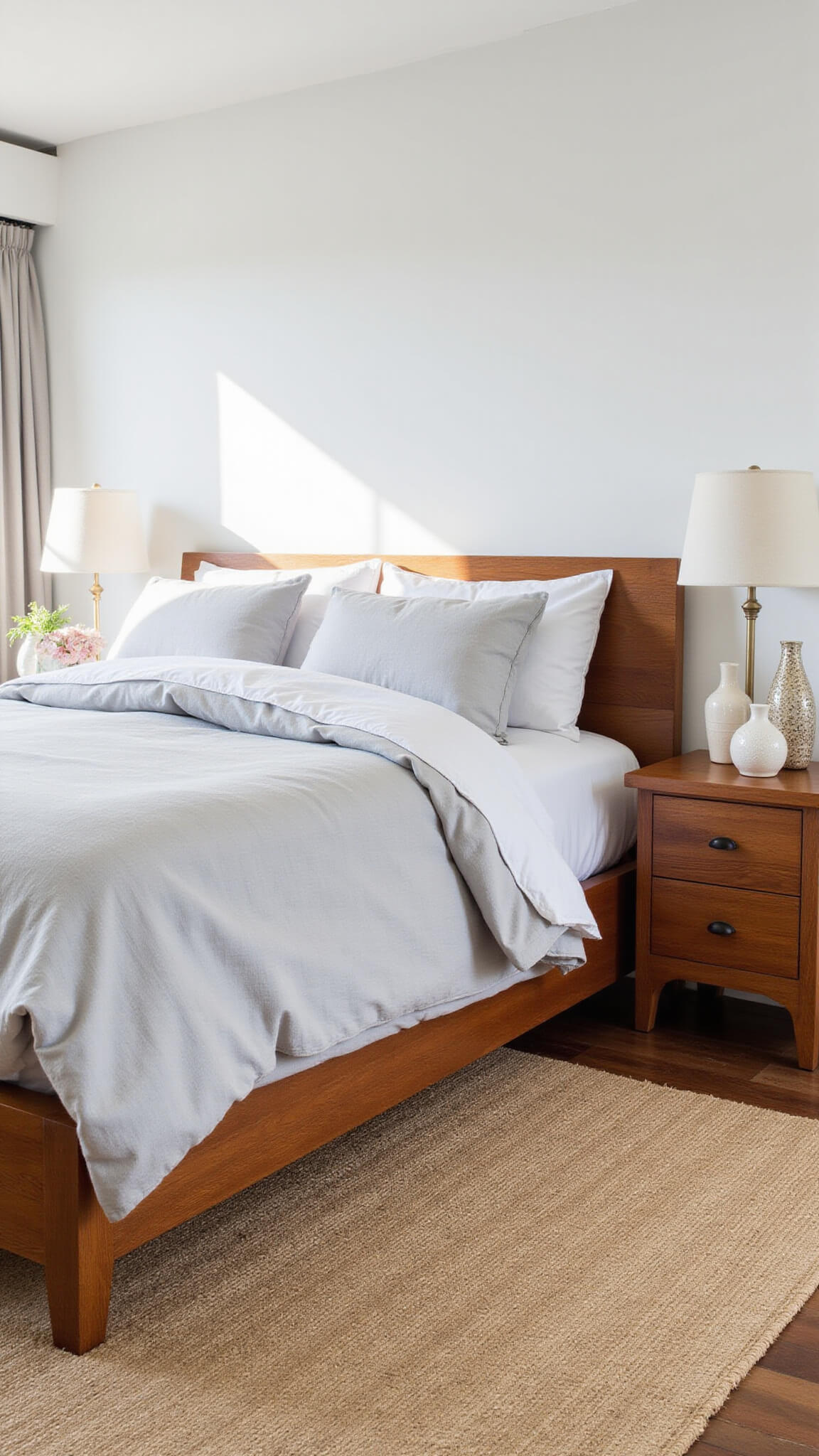Sunlit primary bedroom with handcrafted teak bed, dove grey linen bedding, ceramic vessels on integrated nightstands, and jute area rug.