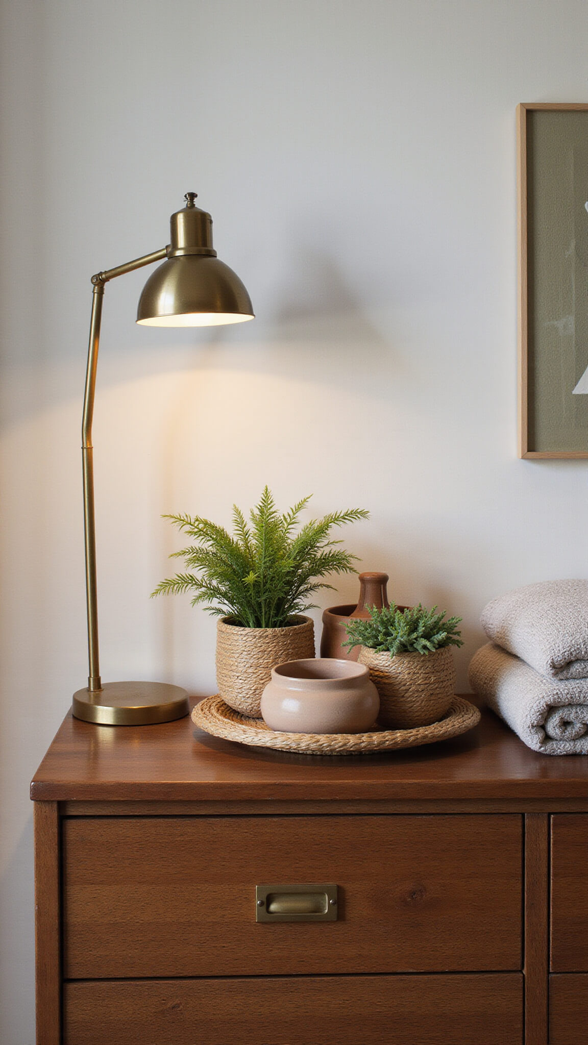Close-up of vintage brass lamp illuminating earthenware pottery and air plants on wooden dresser with soft background blur.