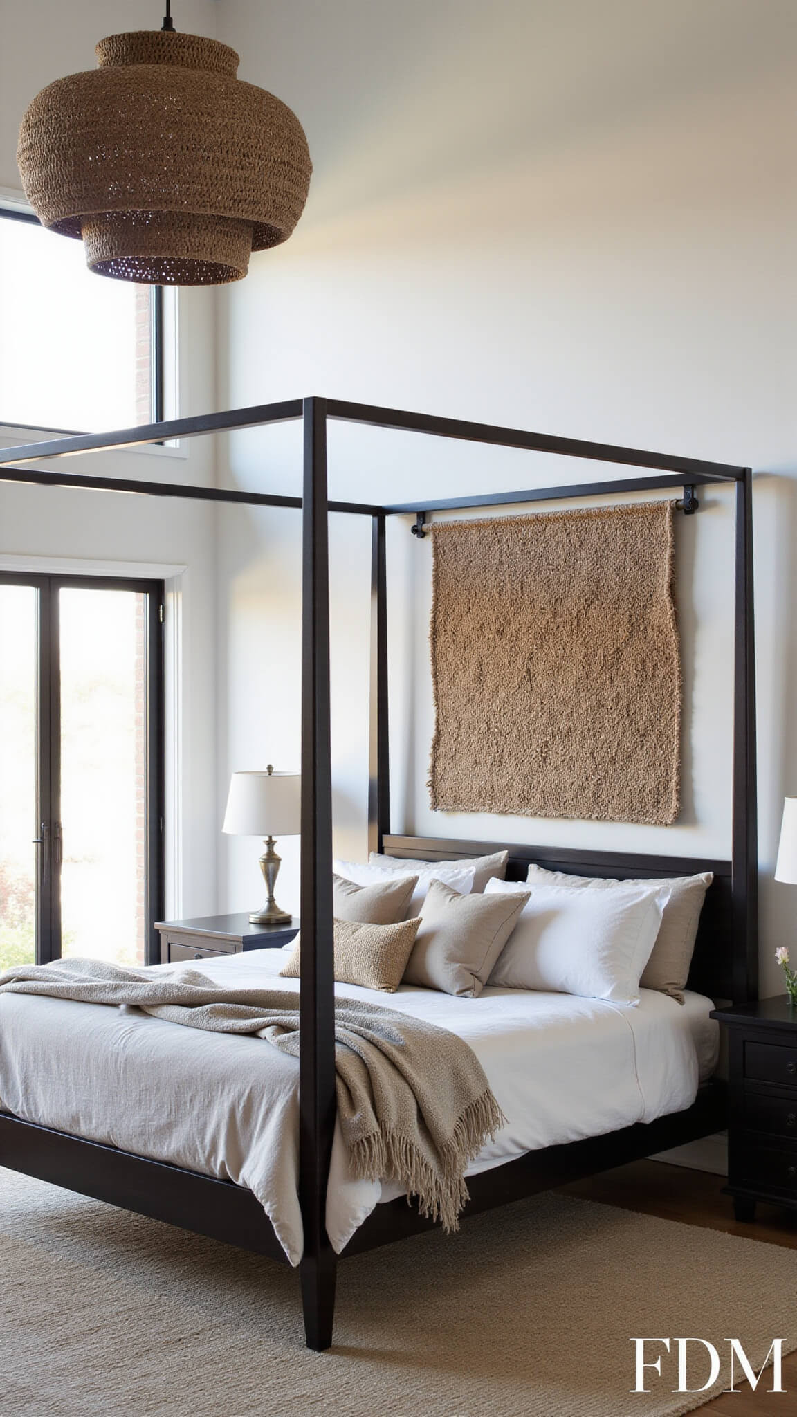Twilight bedroom with 10ft ceilings, modern blackened oak four-poster bed, layered linen and cotton throws, large neutral woven wall hanging, and pendant light casting shadows.
