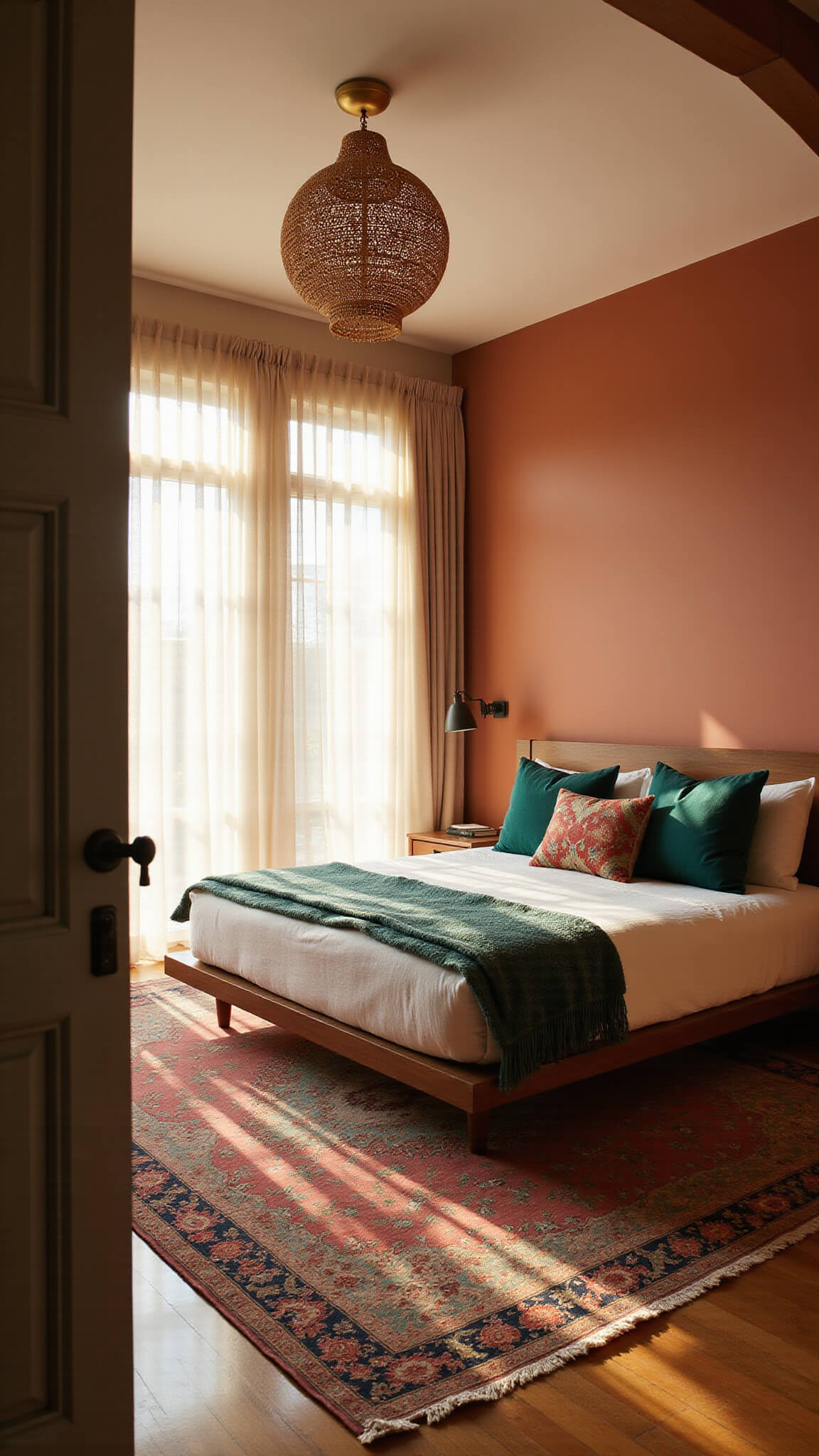 Sunlit 15x18ft bedroom with walnut platform bed, terracotta accent wall, vintage Persian rug, and layered linen and velvet bedding.