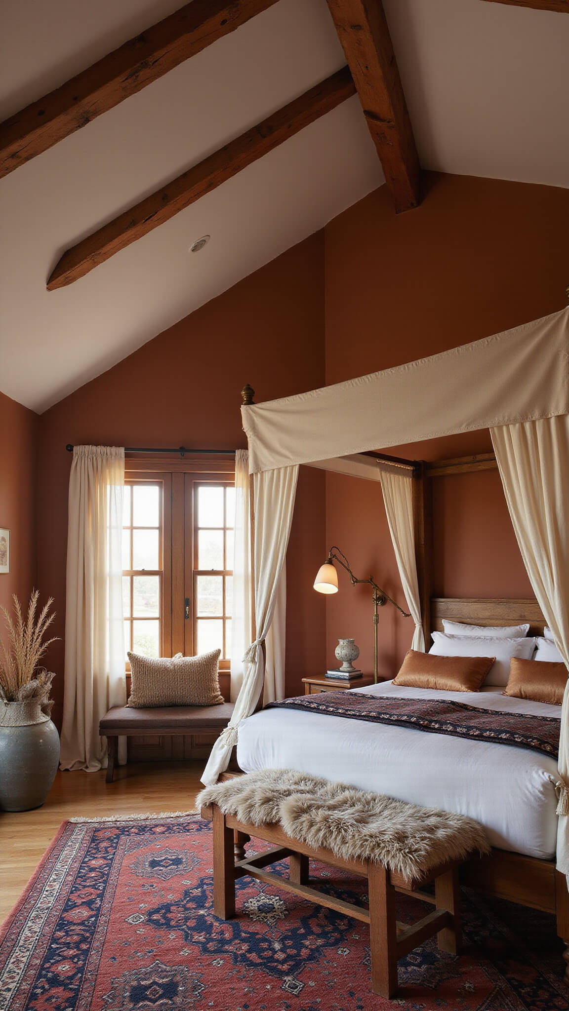 Master bedroom at dusk with vaulted ceilings, teak canopy bed, ochre accent wall, Moroccan rugs, vintage brass lamp, and textured earth-toned decor.