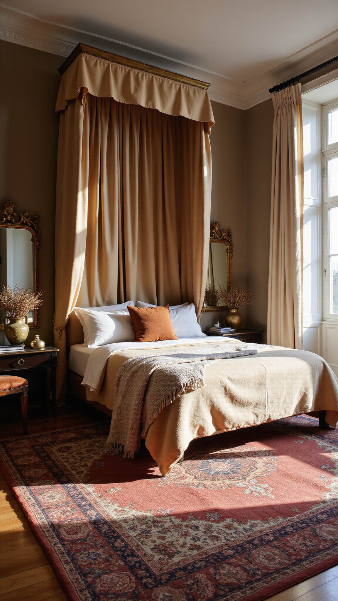Sunlit corner bedroom with canopy bed, taupe walls, vintage brass mirrors, Persian rug, textured throws, and dried florals at golden hour.