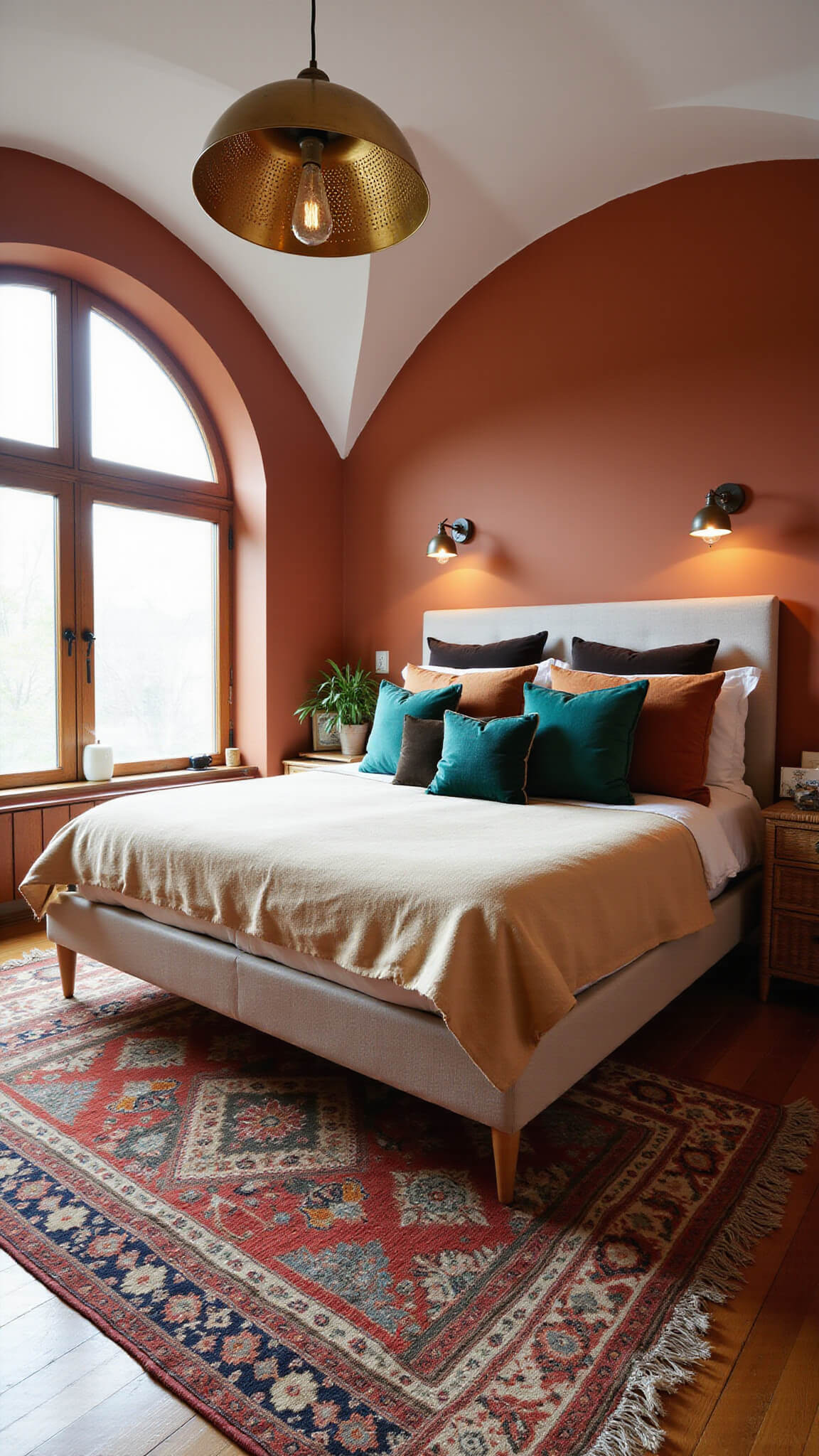 Cozy 12x14ft bedroom with arched windows, terracotta wall, platform bed with Belgian linen headboard, vintage Kilim rugs, brass pendant lights, emerald and copper pillows, and rattan accents.