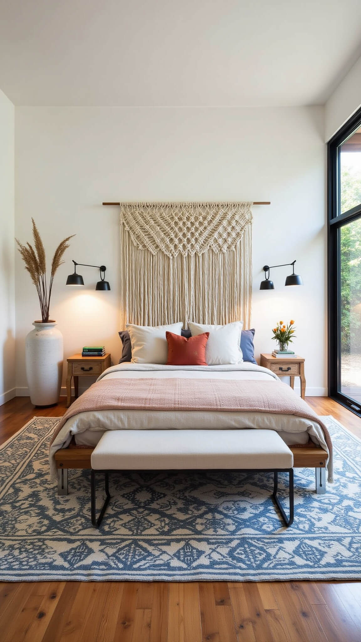 Airy 18x20ft master suite with floor-to-ceiling windows, low-profile bed under macramé wall hanging, layered vintage rugs, mixed metal lighting, natural linen bedding, and ceramic vessels with dried palms.