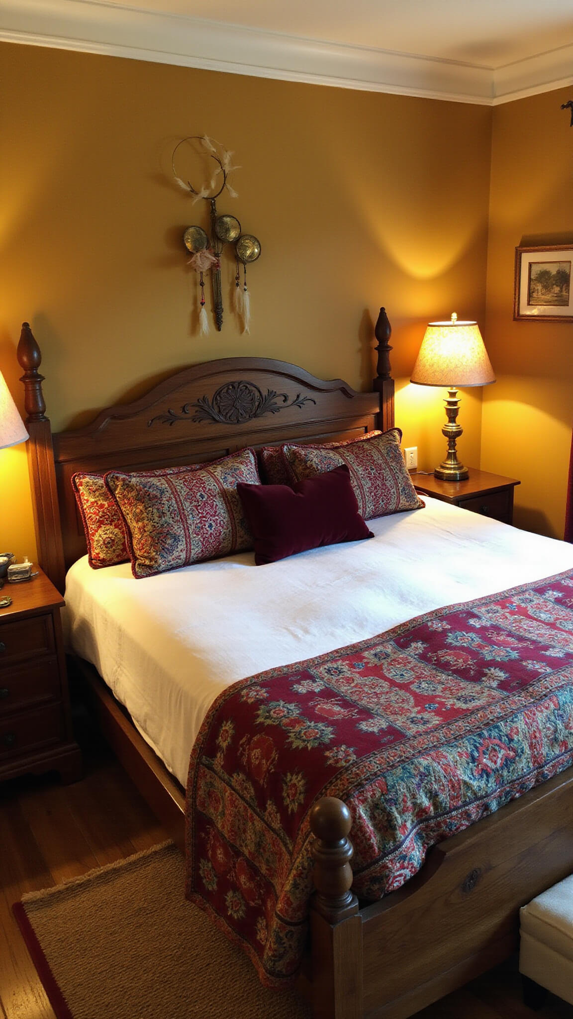 Cozy bedroom with carved wooden bed, ochre walls, vintage Persian runner over sisal rug, brass sconces, jewel-toned textiles, and handmade dreamcatchers under warm lighting.