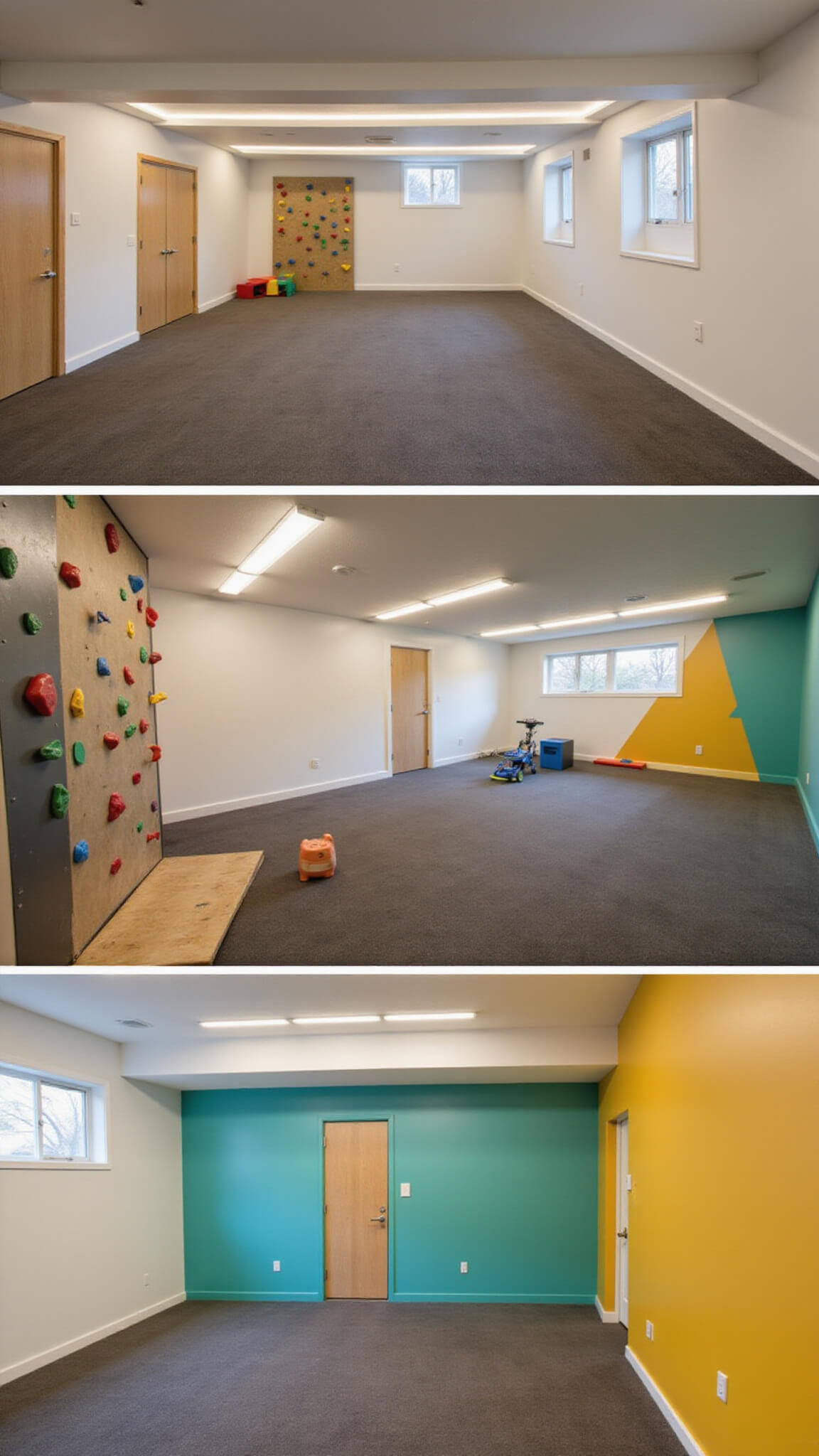 Spacious basement playroom with climbing wall, colorful foam flooring, and egress windows lit by golden hour sunlight.