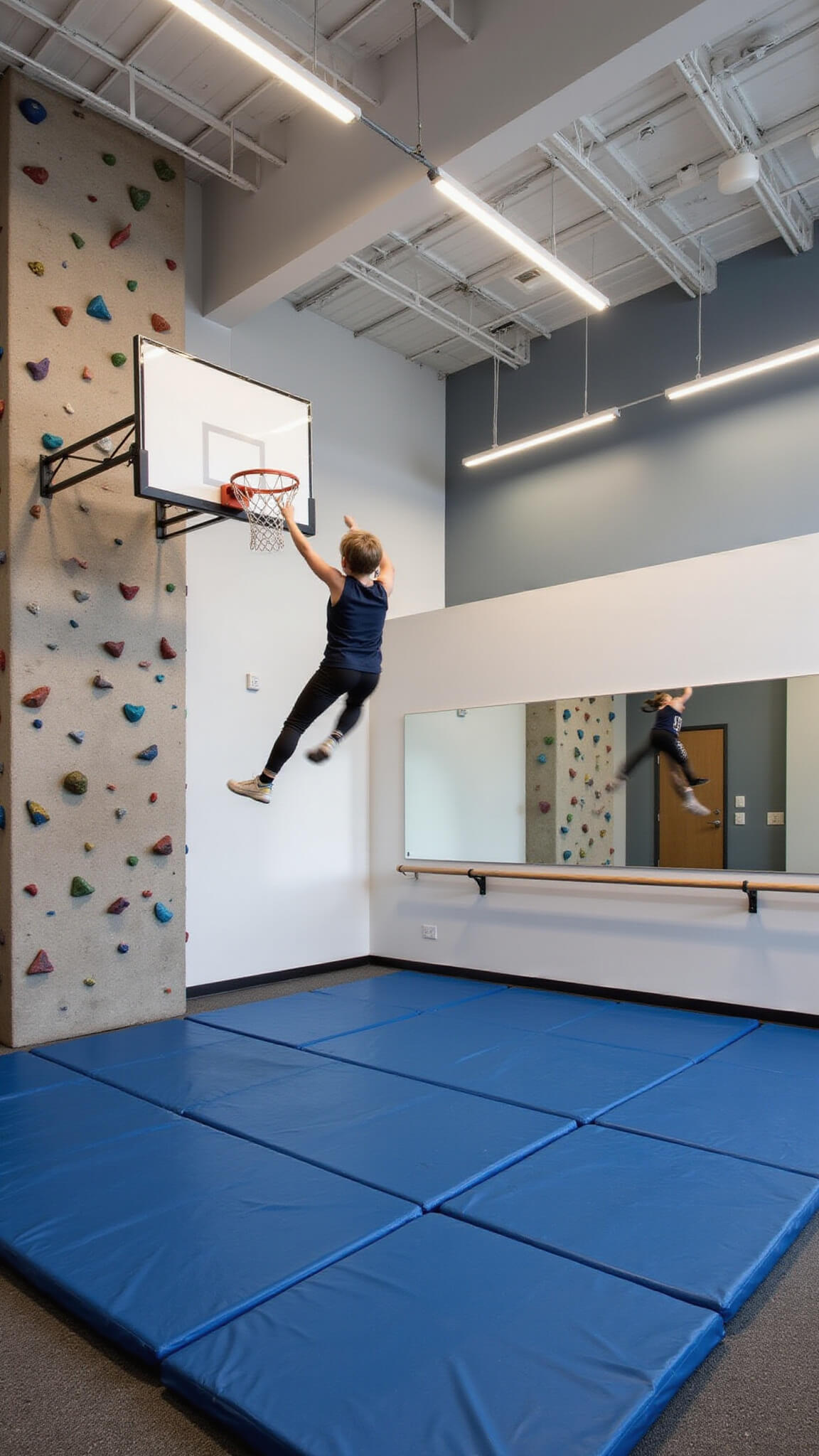 Low-angle view of Active Zone featuring white exposed beams, an 8-foot mini rock climbing wall with blue safety mats, adjacent grey-floored basketball area, ballet barre with oversized mirror, and dramatic LED lighting.