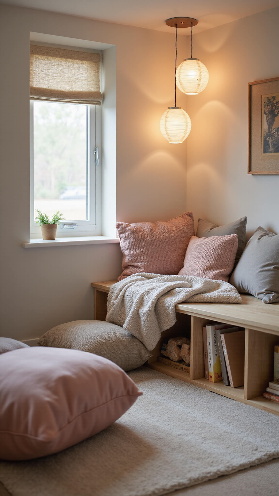 Child's eye view of cozy reading nook with built-in bench, pastel cushions, velvet floor pillows, paper lanterns, and morning sunlight.