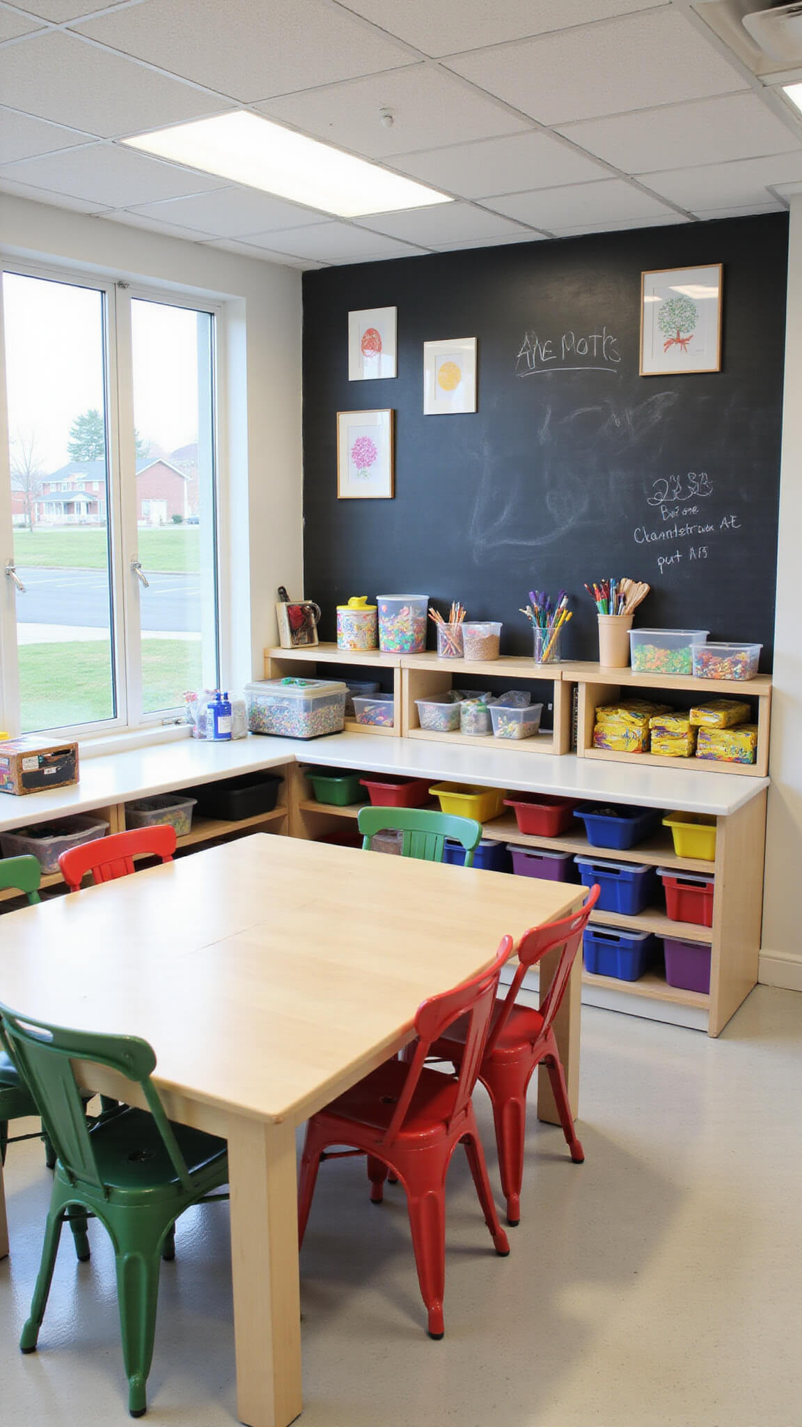 L-shaped craft station with white surfaces, colorful storage bins, clear containers of art supplies, chalkboard wall, kid-height tables with colorful chairs, and children's artwork gallery.