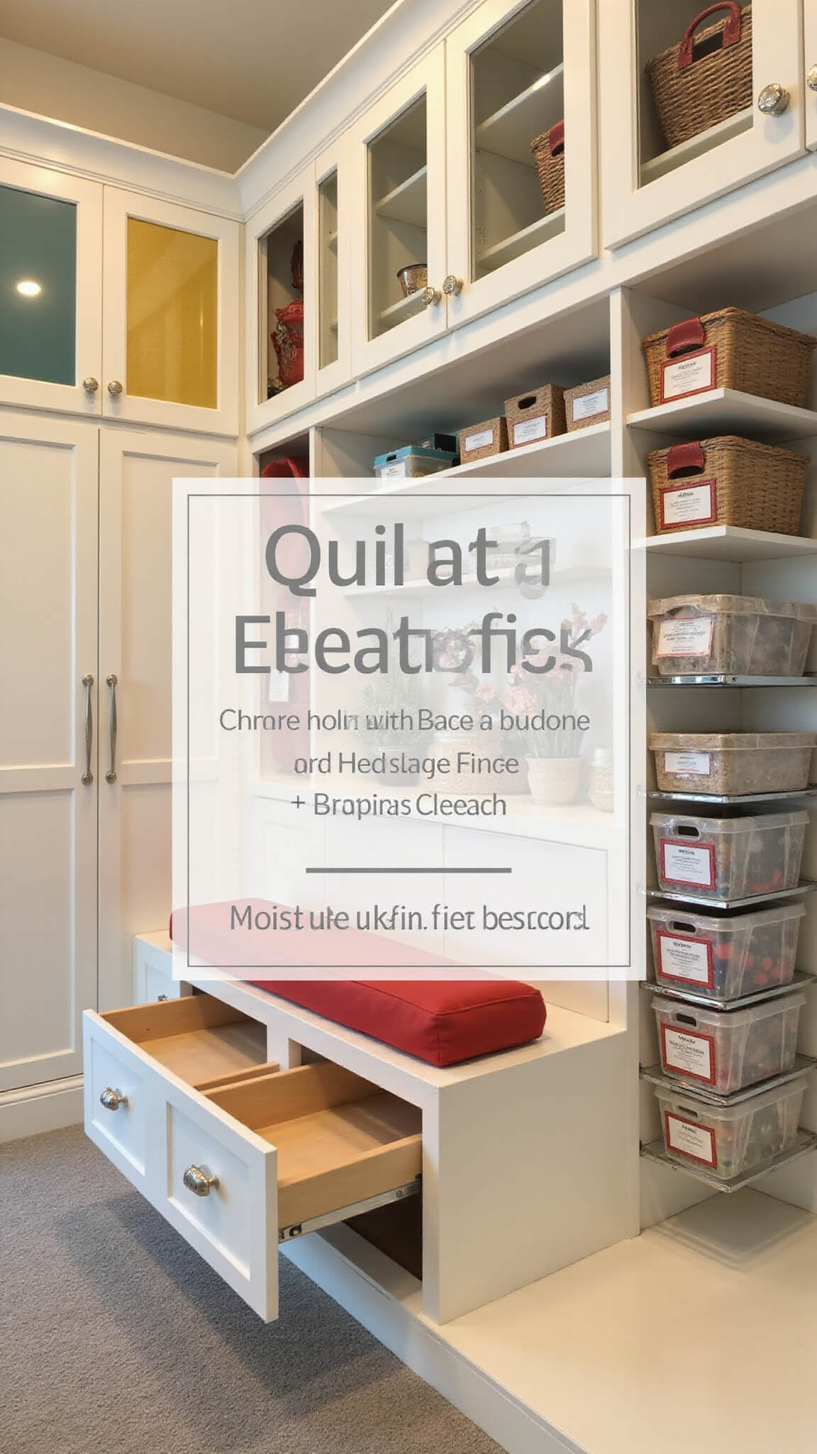 Custom white built-in storage with colorful cabinet fronts, labeled bins, pull-out drawers, and hidden bench seating, lit by warm evening light with brushed nickel hardware.