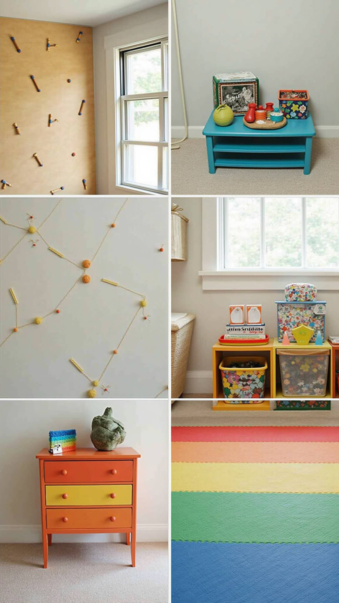 Budget-friendly DIY playroom with foam rainbow floor tiles, painted geometric wall, colorful repurposed furniture, handmade storage, and a homemade climbing wall in afternoon light.