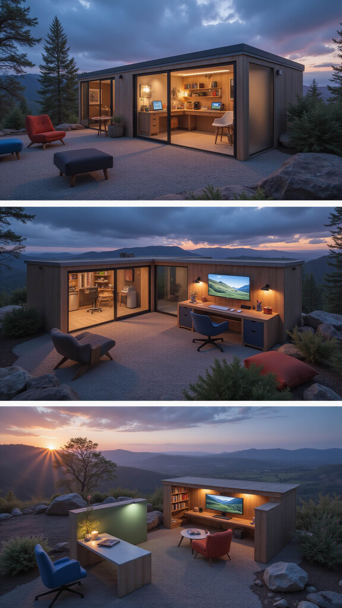 Dusk-lit modular living space with reconfigurable furniture, colorful accents, hidden tech, and convertible study-art station, viewed from above to show layout flow and adaptability.