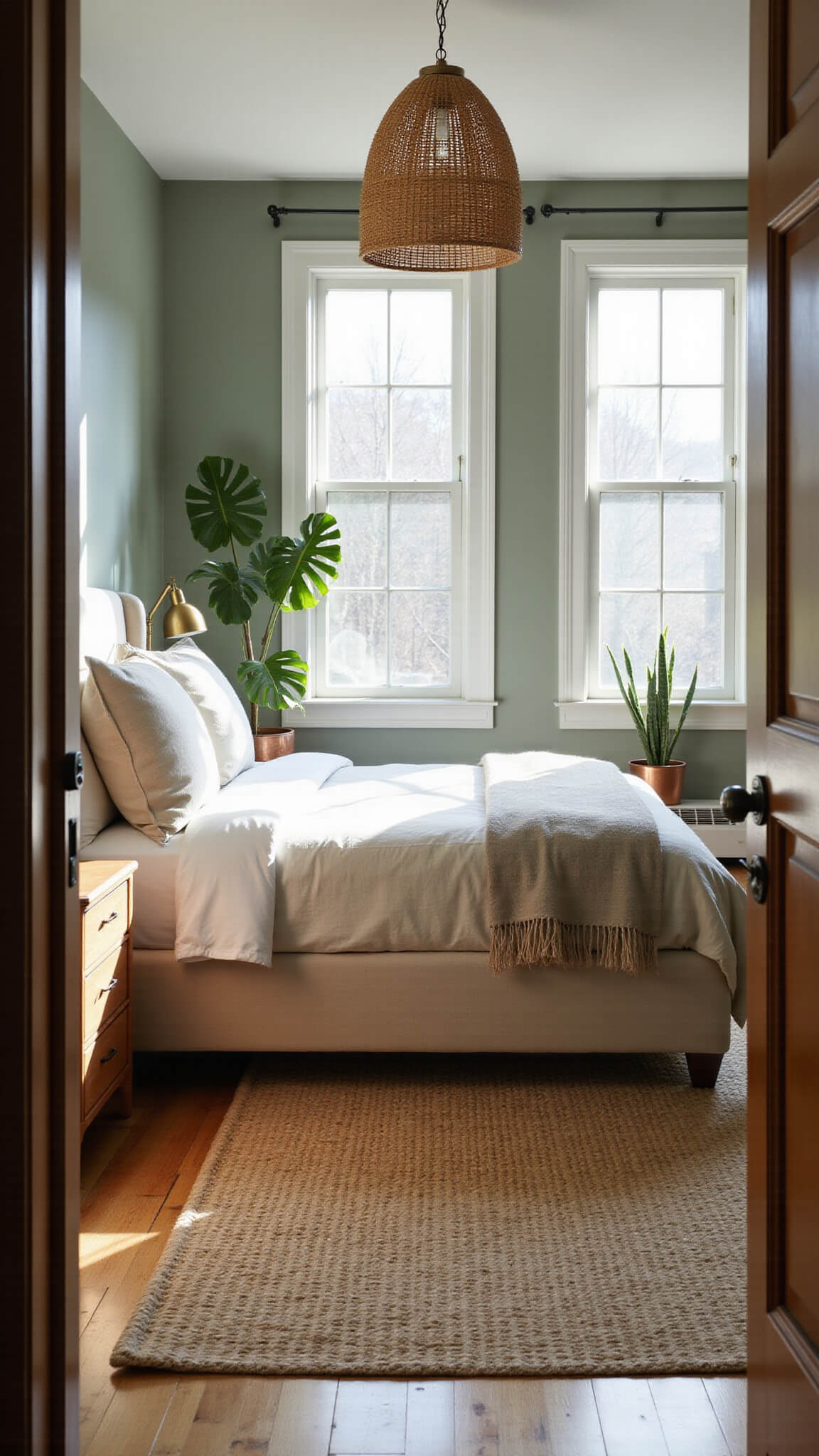 Serene sage green bedroom with cream linen bed, jute rug, rattan pendant, brass sconces, and morning light through floor-to-ceiling windows.