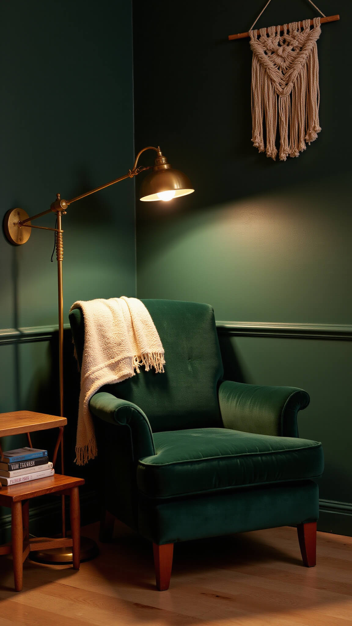 Cozy bedroom corner with emerald green walls, vintage brass floor lamp lighting a forest green velvet chair, cream wool throw, antique wood side table with books, and macramé wall hanging above.