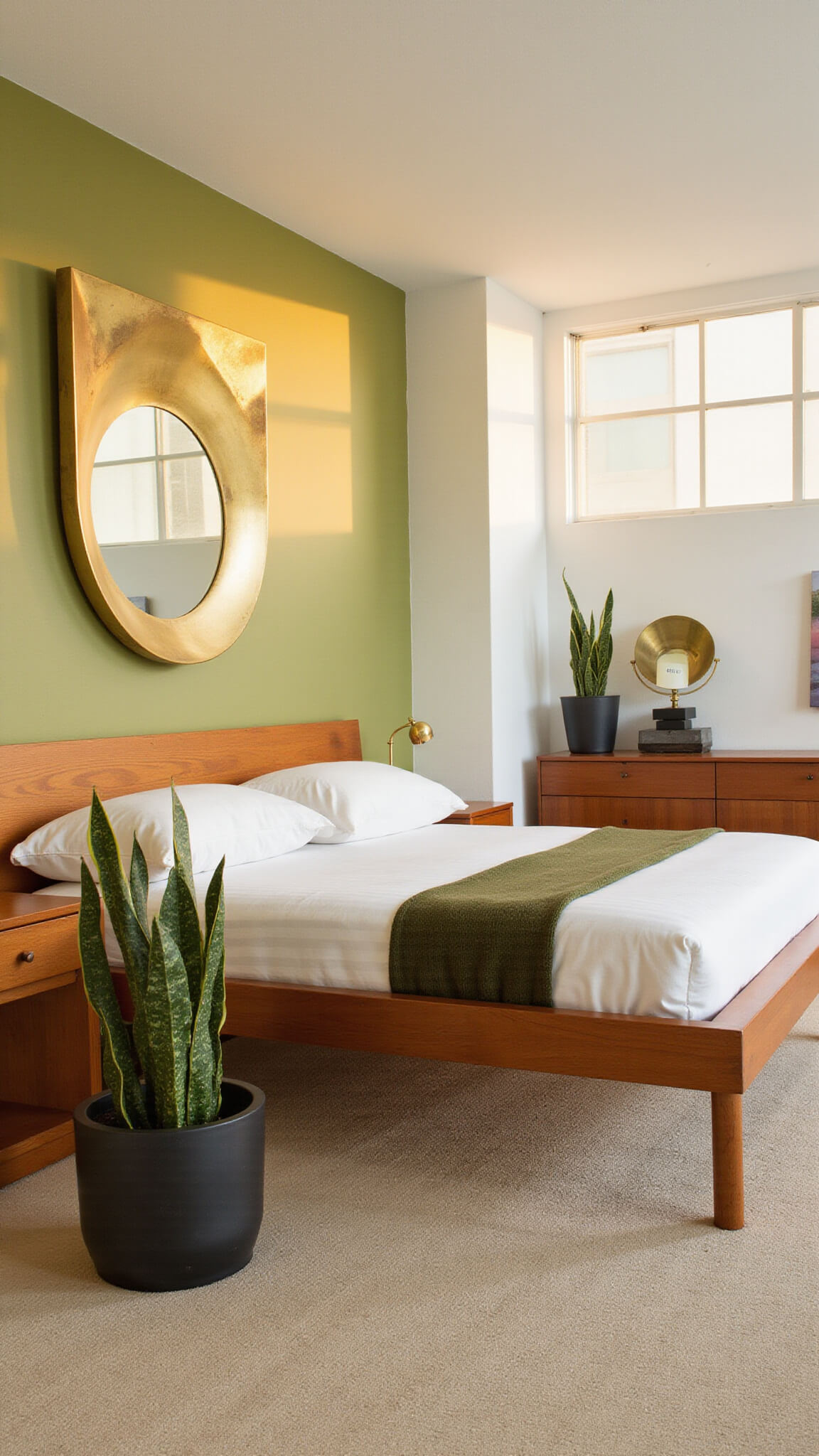Minimalist midcentury modern bedroom with olive green accent wall, teak furniture, brass mirror reflecting golden hour light, and snake plants in black planters.