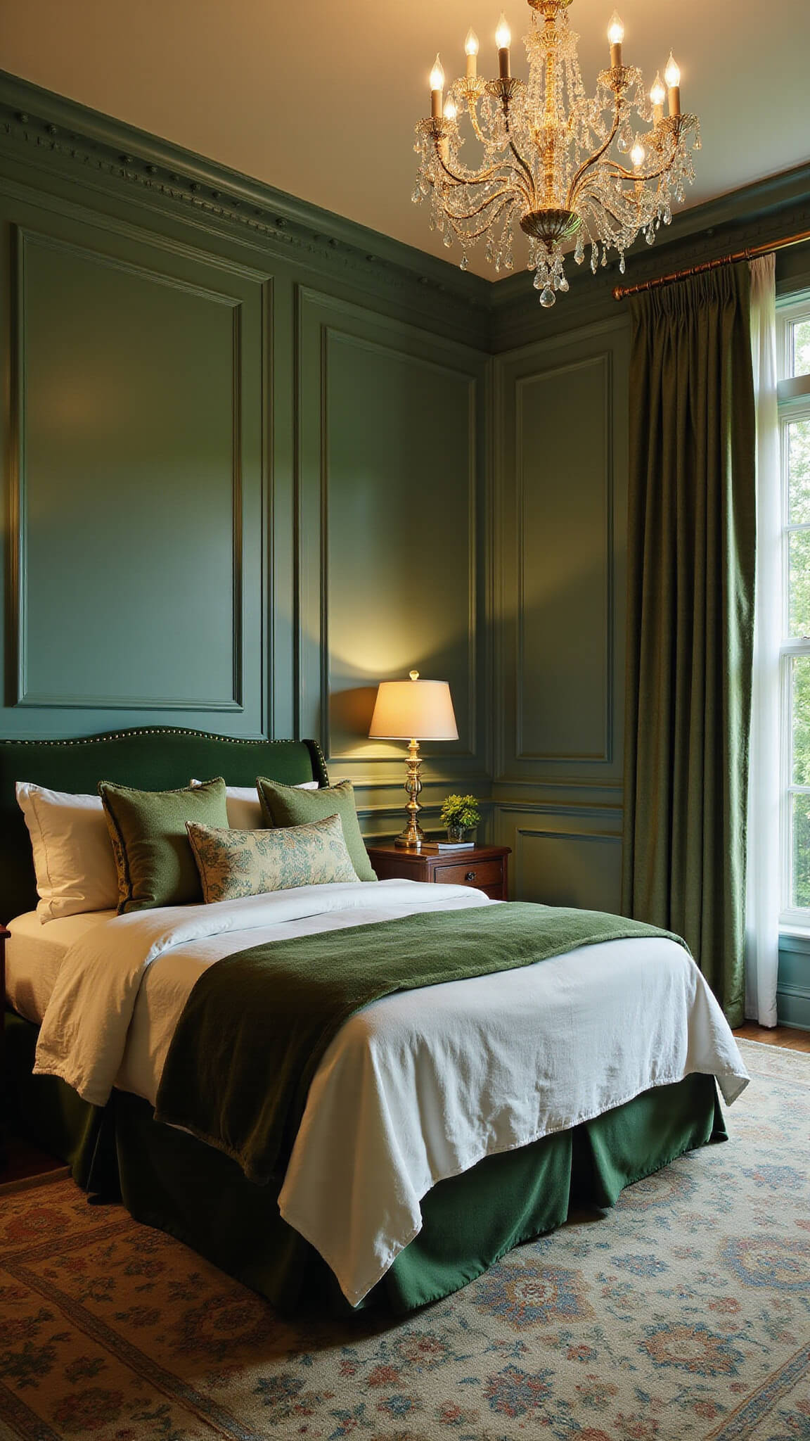 Luxurious master bedroom with emerald and cream linens, velvet headboard, hunter green paneled walls, crystal chandelier, and silk curtains overlooking garden at dusk.