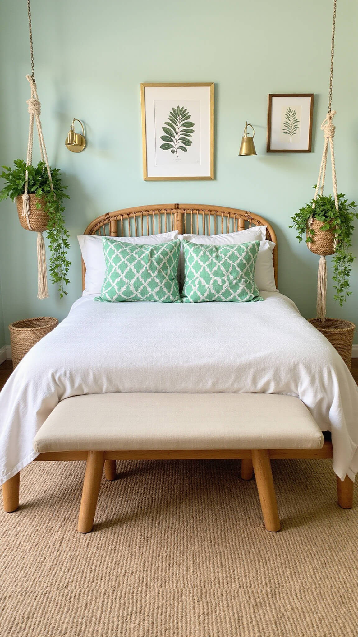 Bohemian bedroom with mint green walls, rattan bed, white linens, green pillows, macramé plant hangers, and natural fiber rug in soft morning light.