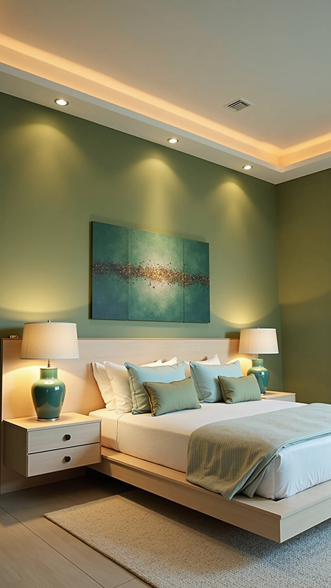 Contemporary 16'x18' bedroom at twilight with sage and cream color-blocked walls, LED cove lighting, bleached oak platform bed with integrated nightstands, celadon green ceramic lamps, and abstract green and metallic artwork.