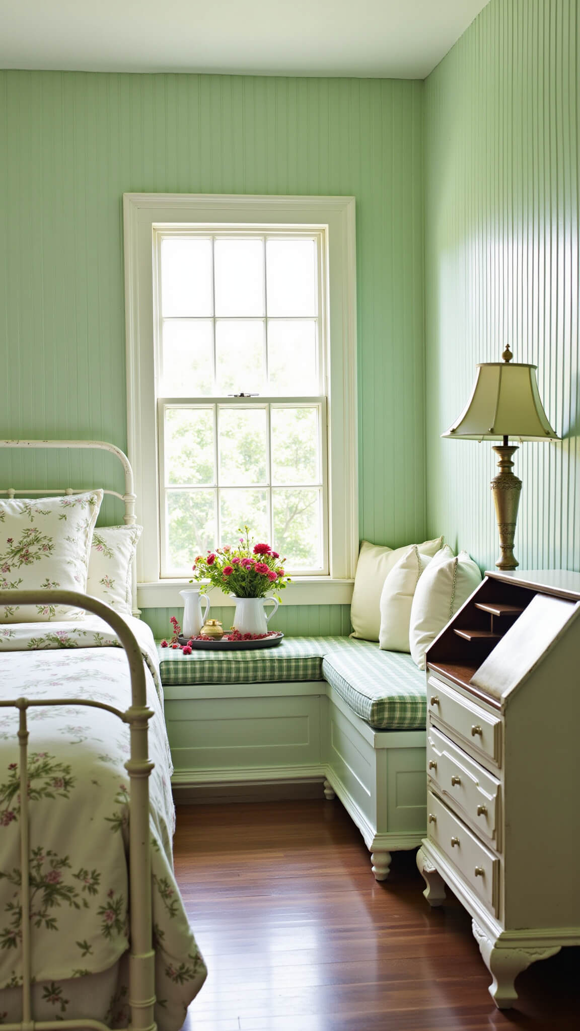 Cottage-style bedroom with celery green beadboard walls, vintage iron bed, botanical bedding, distressed white furniture, and window seat with green ticking stripe cushion, styled with cream pillows and fresh flowers in vintage pitchers.