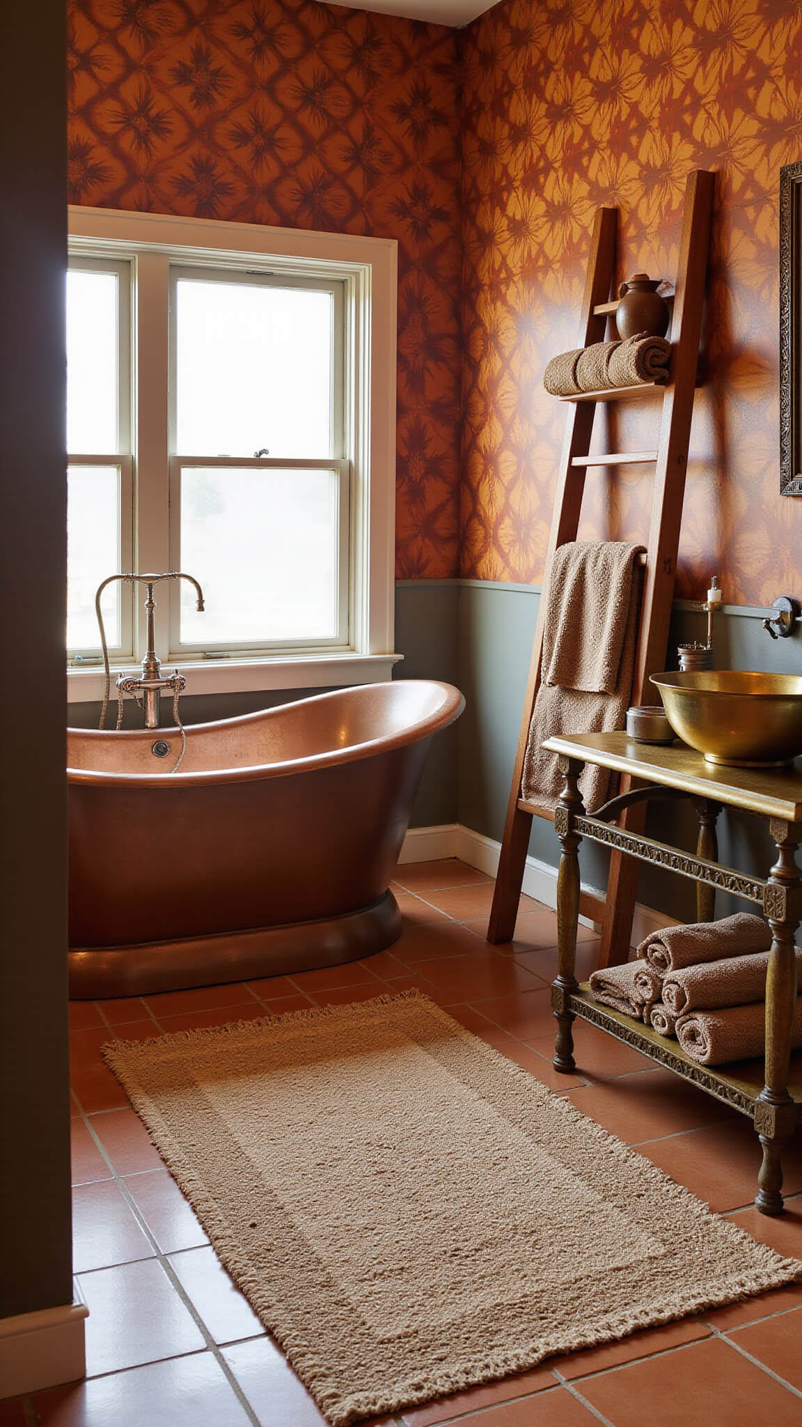 Sunlit bathroom with copper soaking tub, African-inspired wallpaper, jute rug on terra cotta tiles, vintage brass vanity, and wooden ladder shelf with earth-toned towels.