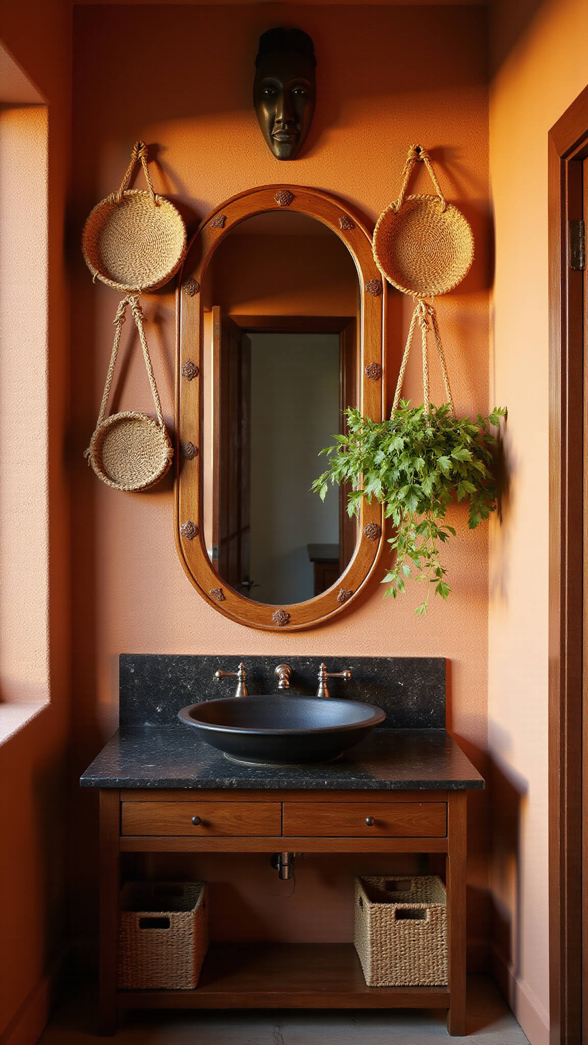 Warm clay Venetian plaster bathroom at golden hour with ornate round mirror, floating wooden vanity, hanging pothos plants, and carved African mask.