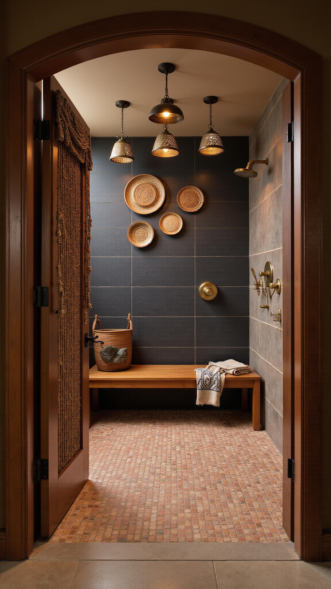 Twilight master bathroom with arched beaded doorway, dark accent wall with African baskets, Moroccan tile walk-in shower, teak bench, brass fixtures, and ambient pendant lighting.
