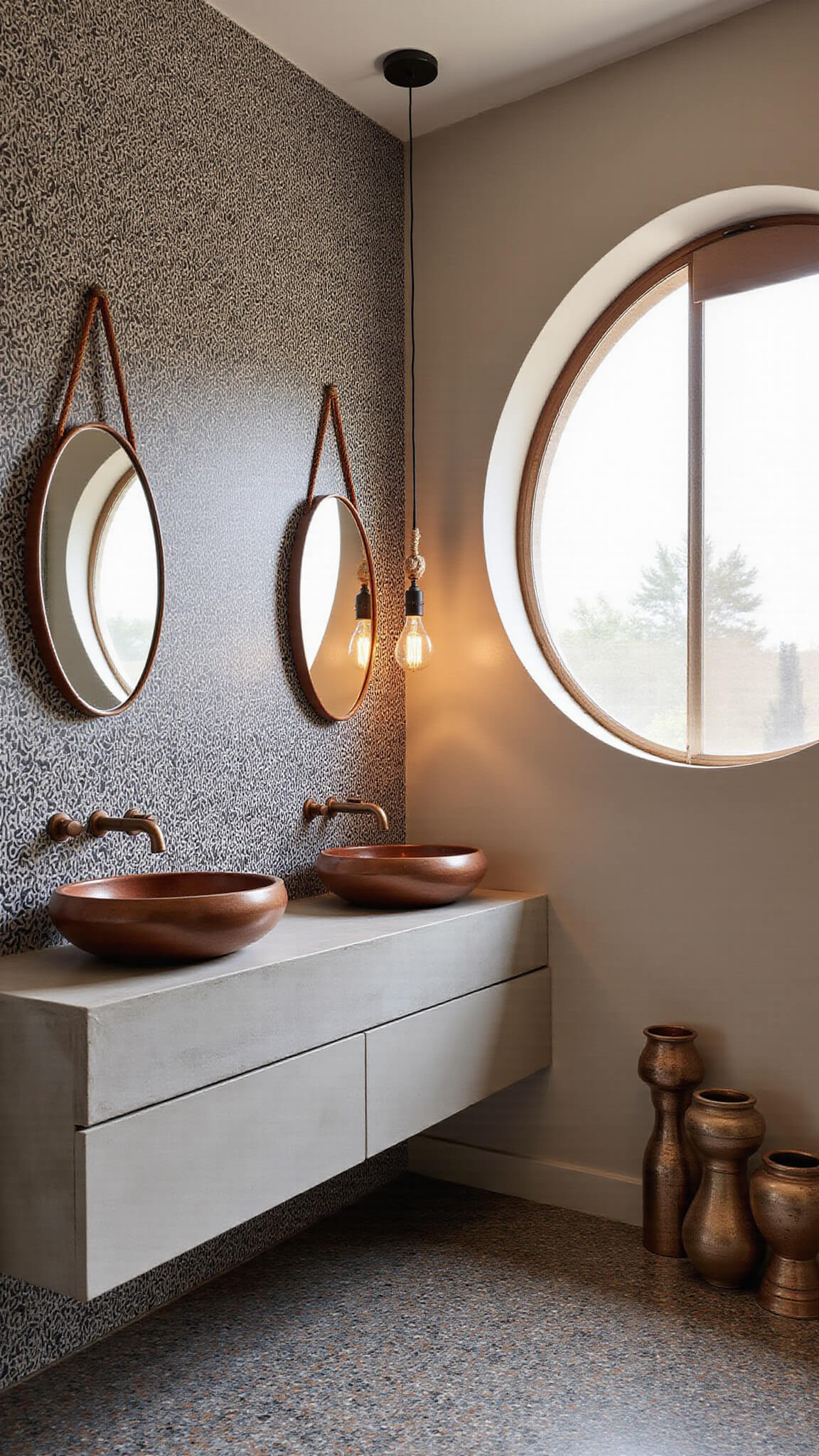Modern 9x11 bathroom with high ceiling, African mudcloth mural, floating concrete vanity with copper sinks, circular bronze-tinted window, ceramic pots, macramé lighting, and geometric floor pattern.