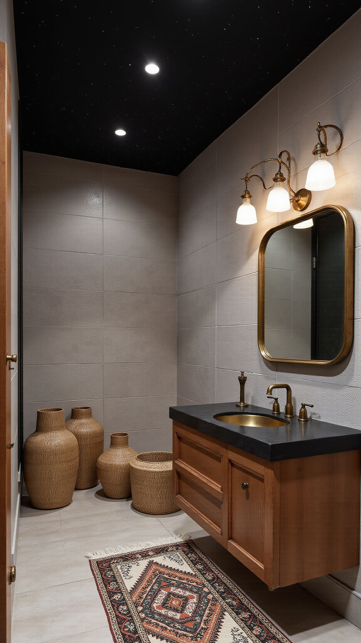 Contemporary 10'x12' bathroom with black ceiling, brass pendant lights, patterned ceramic tile walls, floating wood vanity, woven grass vessels, brass-framed floor mirror, and geometric wool rug.
